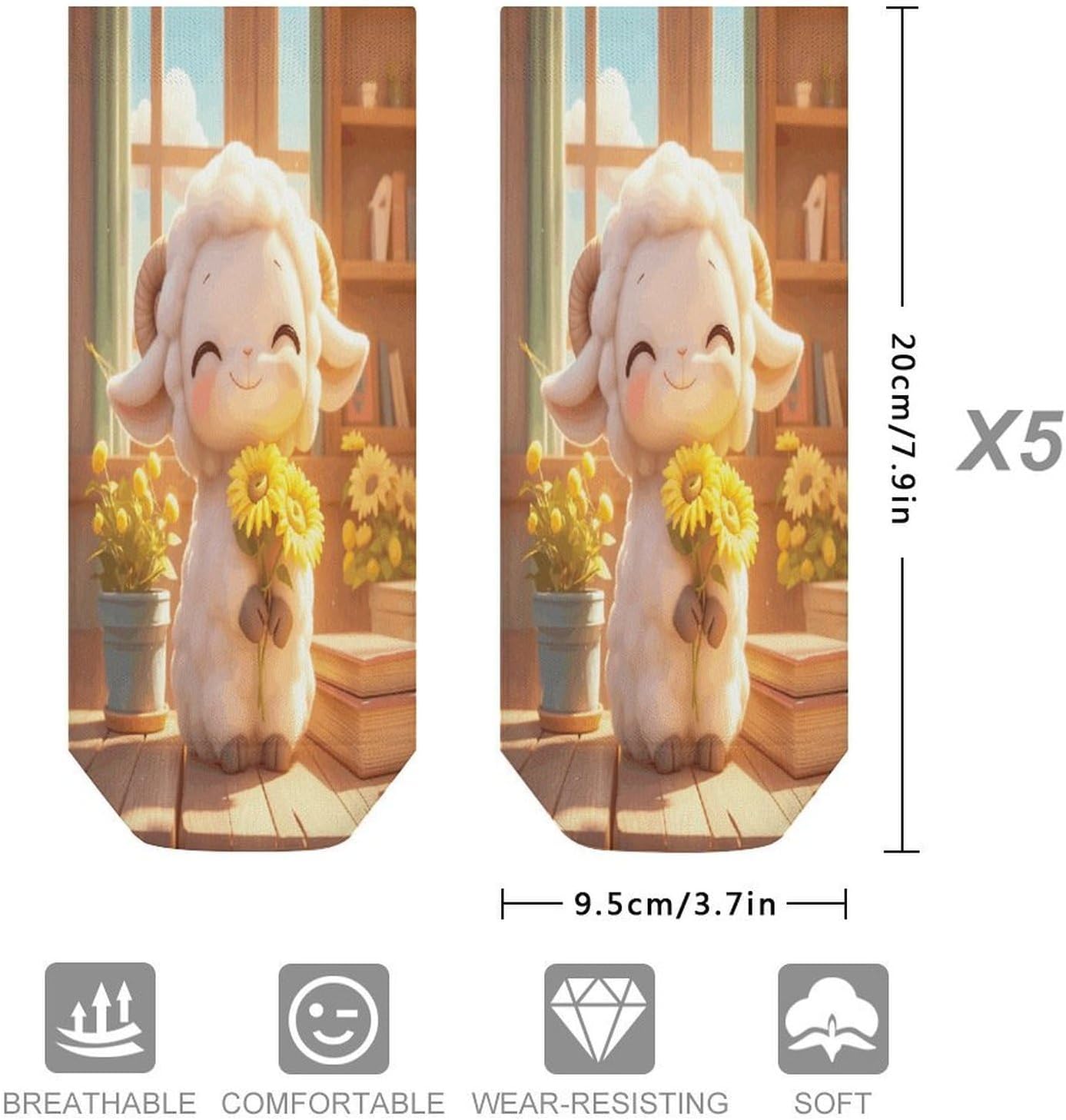 Cute Cartoon Sheep 5Pairs Low Cut Ankle Socks for Women No Show Casual Breathable Athletic Socks for Sport
