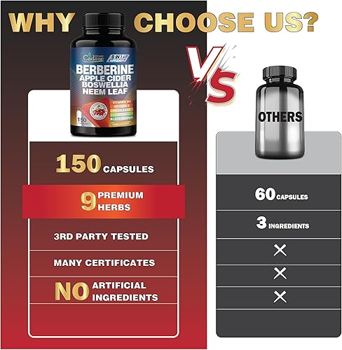 Miniatura 4 de Organic Cadane Suplemento de berberina 150 cápsulas, con hoja de neem, vinagre de sidra de manzana, VIT D3, E y más, extracto de berberina, apoyo