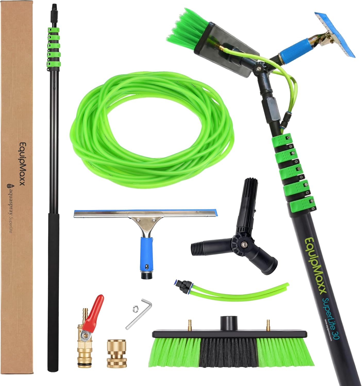 30 Feet Solar Panel Cleaning Brush & Pole Window Cleaner Window Cleaning Solution (Glass, Solar Panel, etc.) Professional Tool Water Fed Pole Kit Scrubber Brush w/Spray Washer & Squeegee