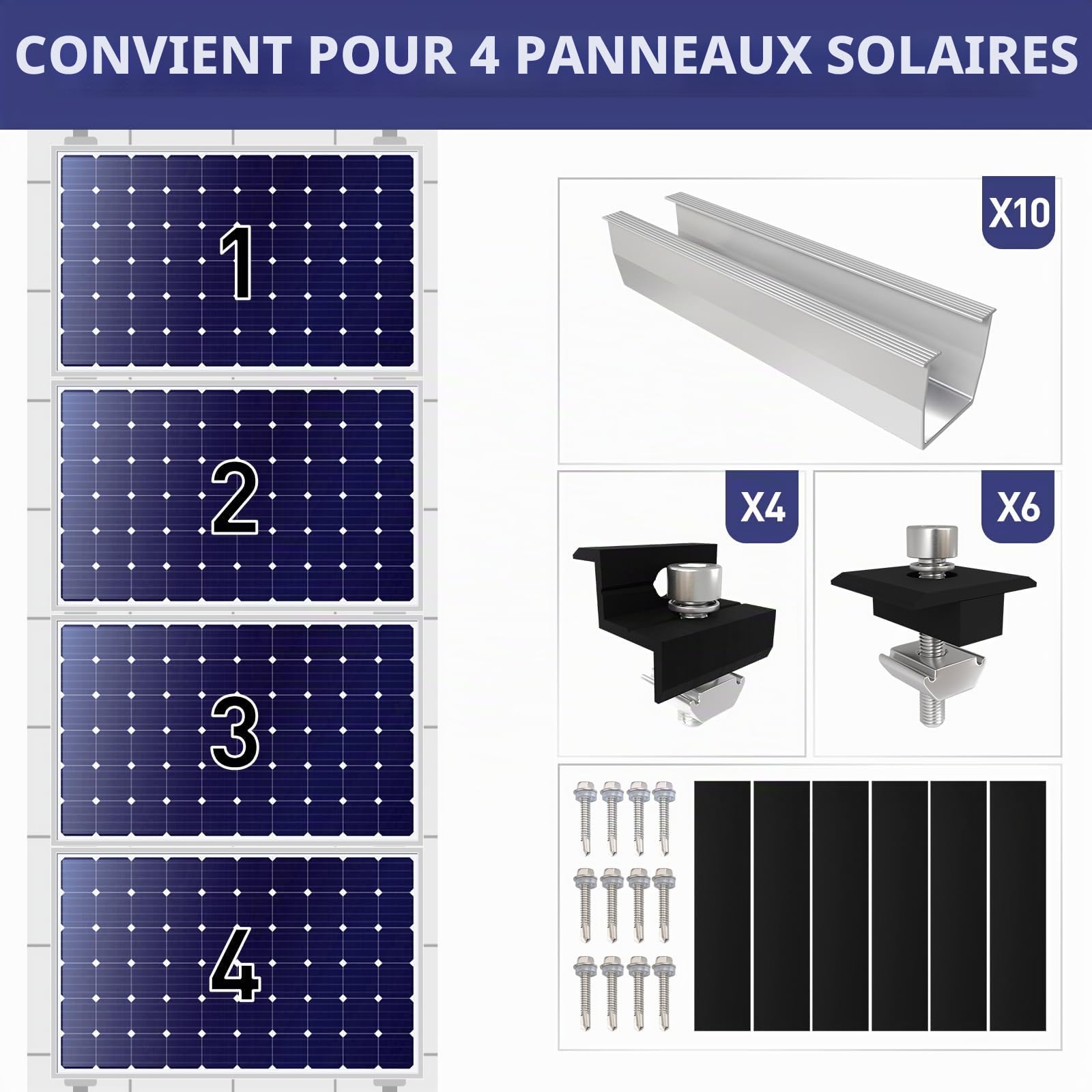 Support de module solaire - Fixation pour panneau solaire - Support de toit plat - Avec rail en aluminium de 12 cm et pince noire réglable de 30 à 35 mm - Pour 4 modules