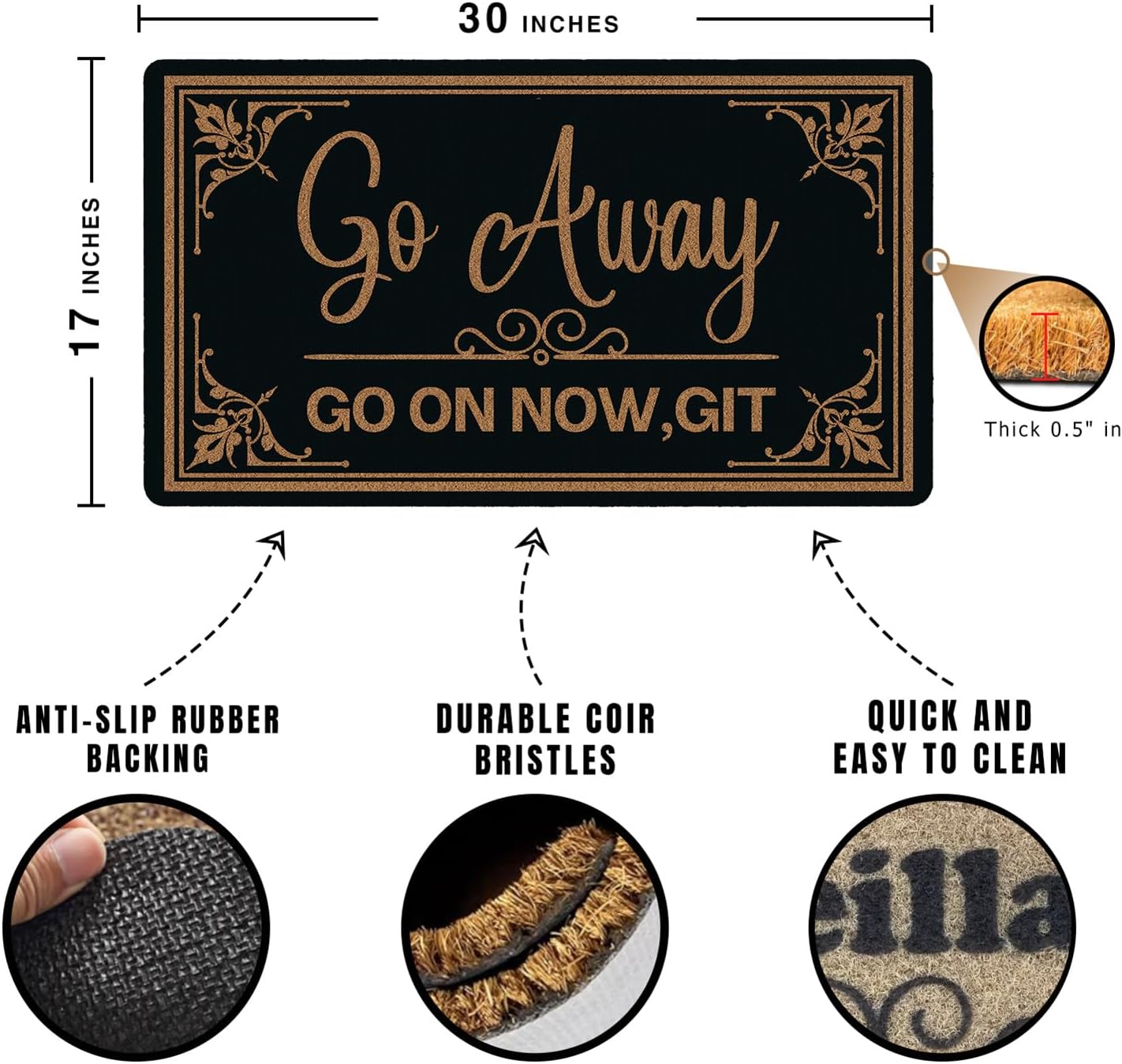 Go Away Go on Now Git Personalized Welcome Mat 30x17 in Cute Front Door Mat Home Floor Mats Indoor Outdoor Doormat for Entryway with Non-Slip Backing Easy to Clean Farmhouse Style