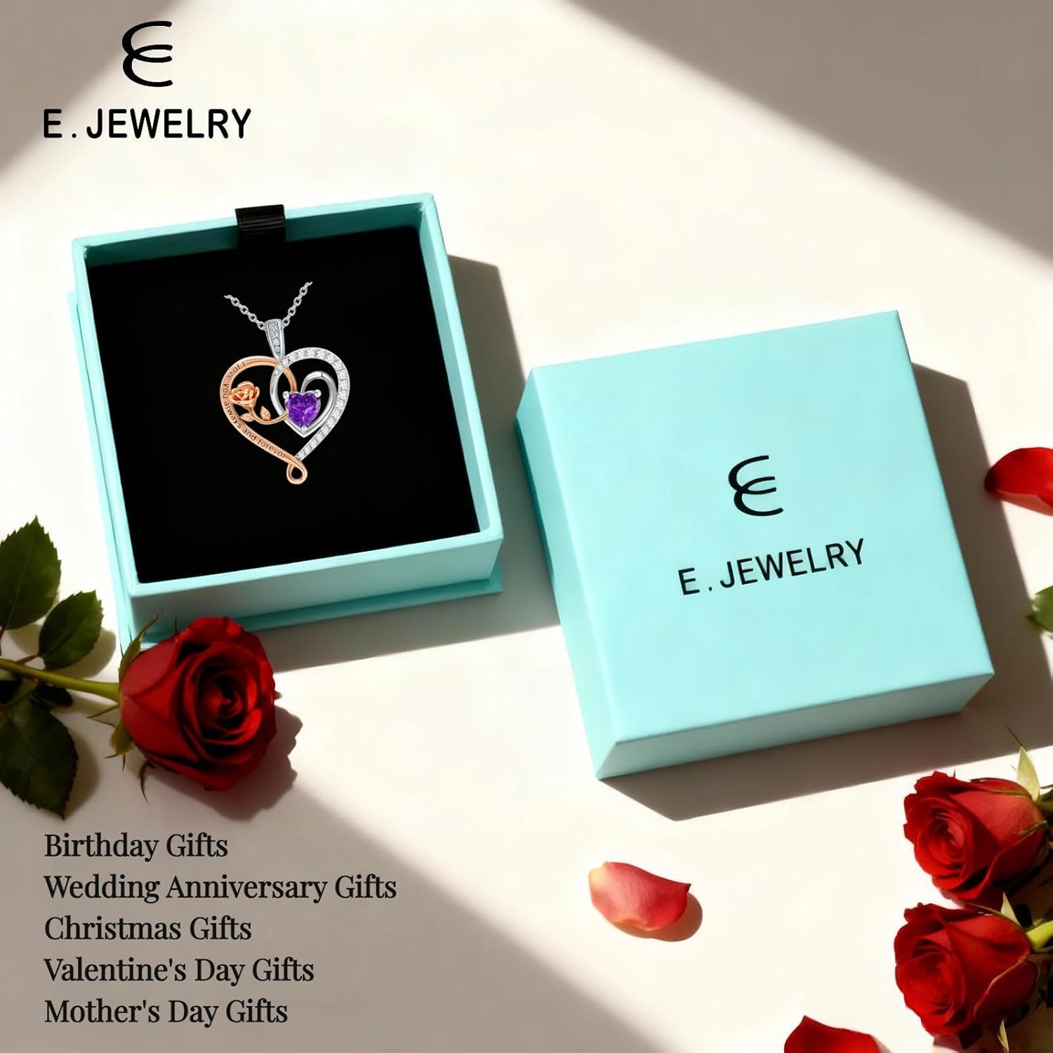 E Infinity Double Heart Birthstone Necklace 925 Sterling Silver Rose Flower Pendant Necklace, Birthday Anniversary Jewelry Gifts for Her Wife Mom Girlfriend Wife - Image 6