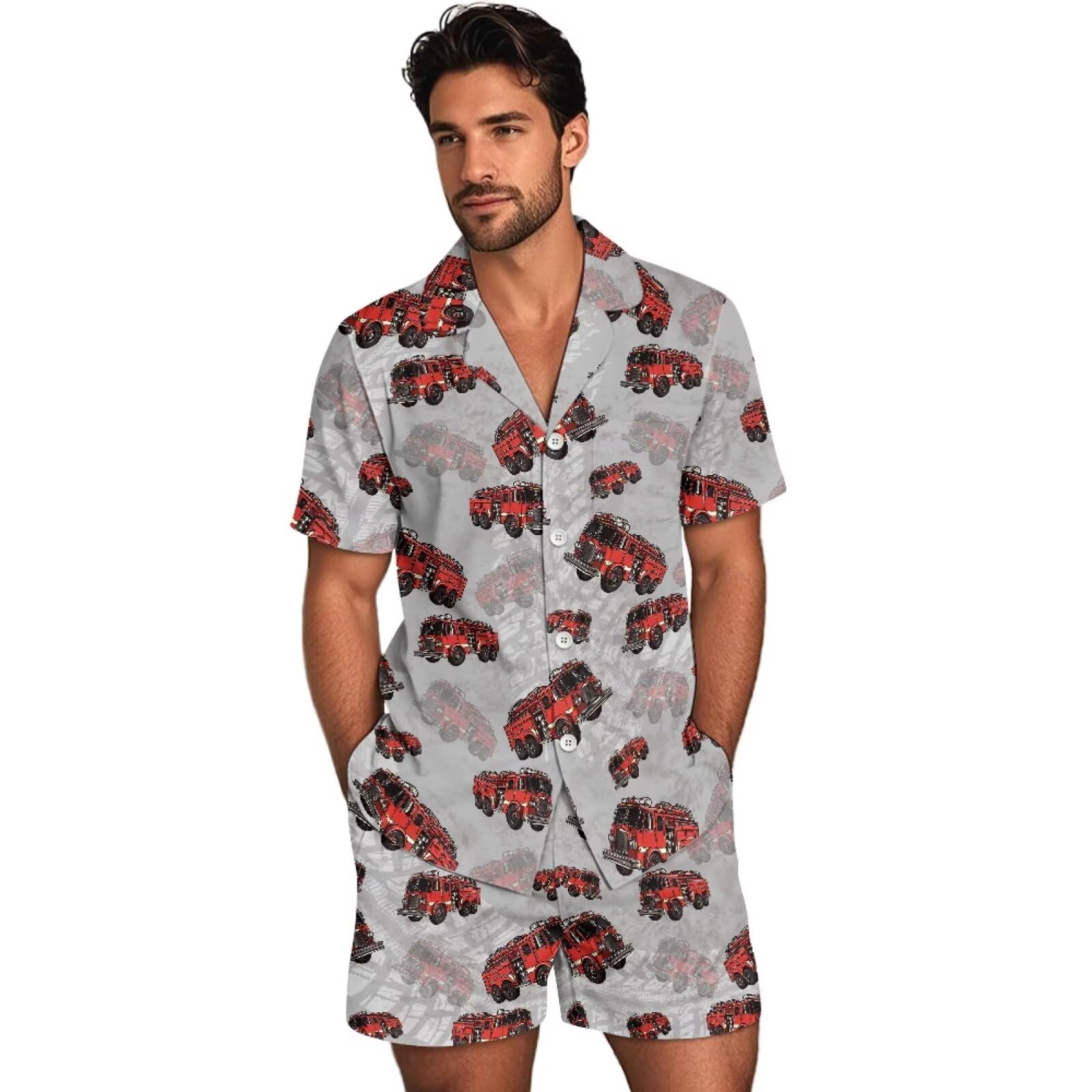 Herren-Schlafanzug-Set, kurzärmelig, Knopfleiste, Nachtwäsche, Loungewear, Nachtwäsche, 2-teilig