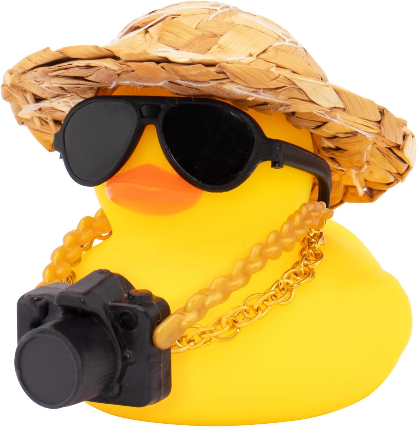 wonuu Car Decorations Rubber Ducks, Dashboard Rubber Ducky for Car Ornament Cute Duck with Straw Hat, Necklace, Mini Camera Black Glasses