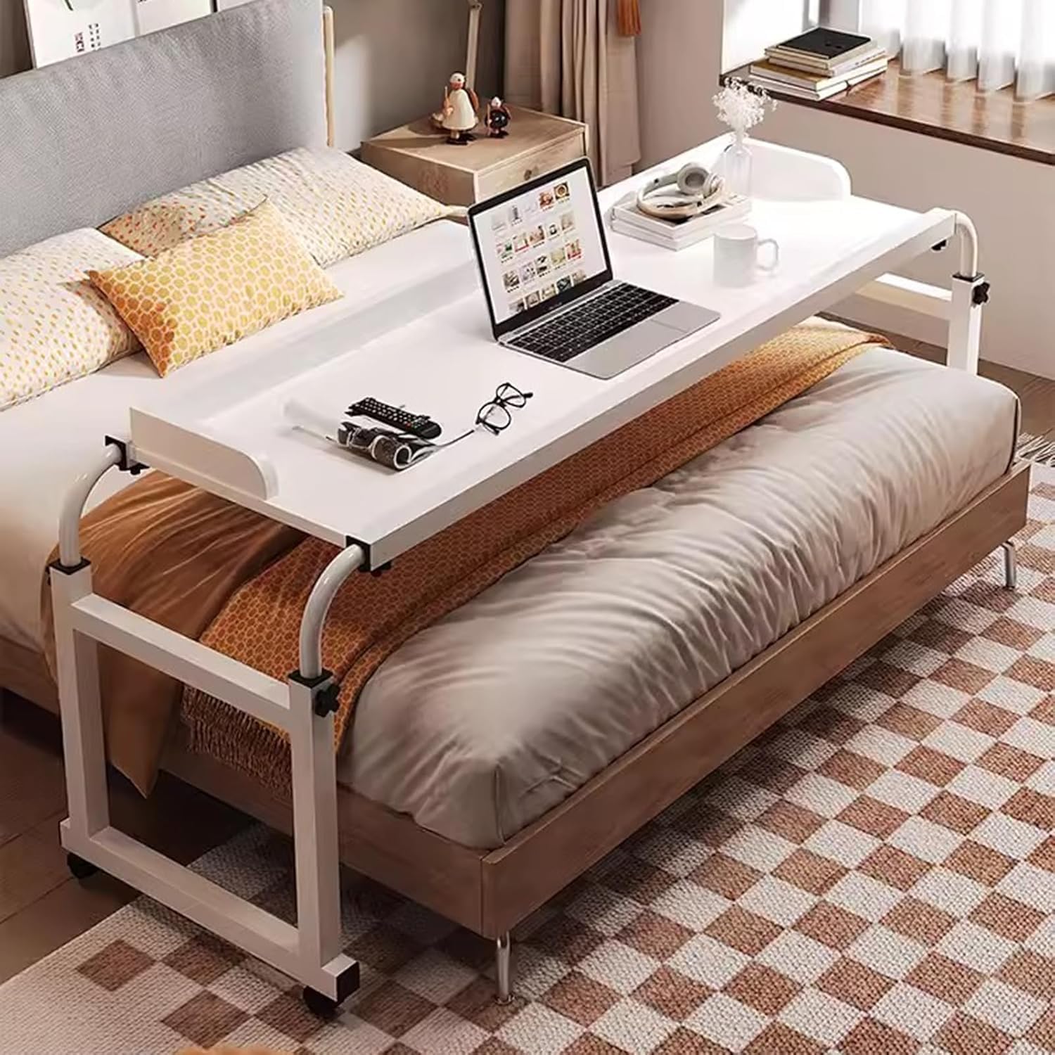 Mesita de Noche móvil con Ruedas, Escritorio móvil, Mesa Auxiliar para Cama, Mesa Auxiliar para sofá, Carrito para portátil, Escritorio de Ordenador de Altura Ajustable, con Bandeja de comid