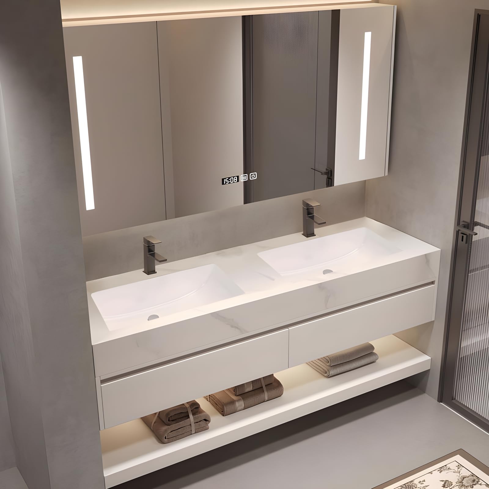 Mueble de baño de 193 cm, lavabo individual con espejo LED inteligente que se desempaña, iluminación LED, visualización de tiempo, fregadero de cerámica, cajones de cierre suave, totalmente premontado