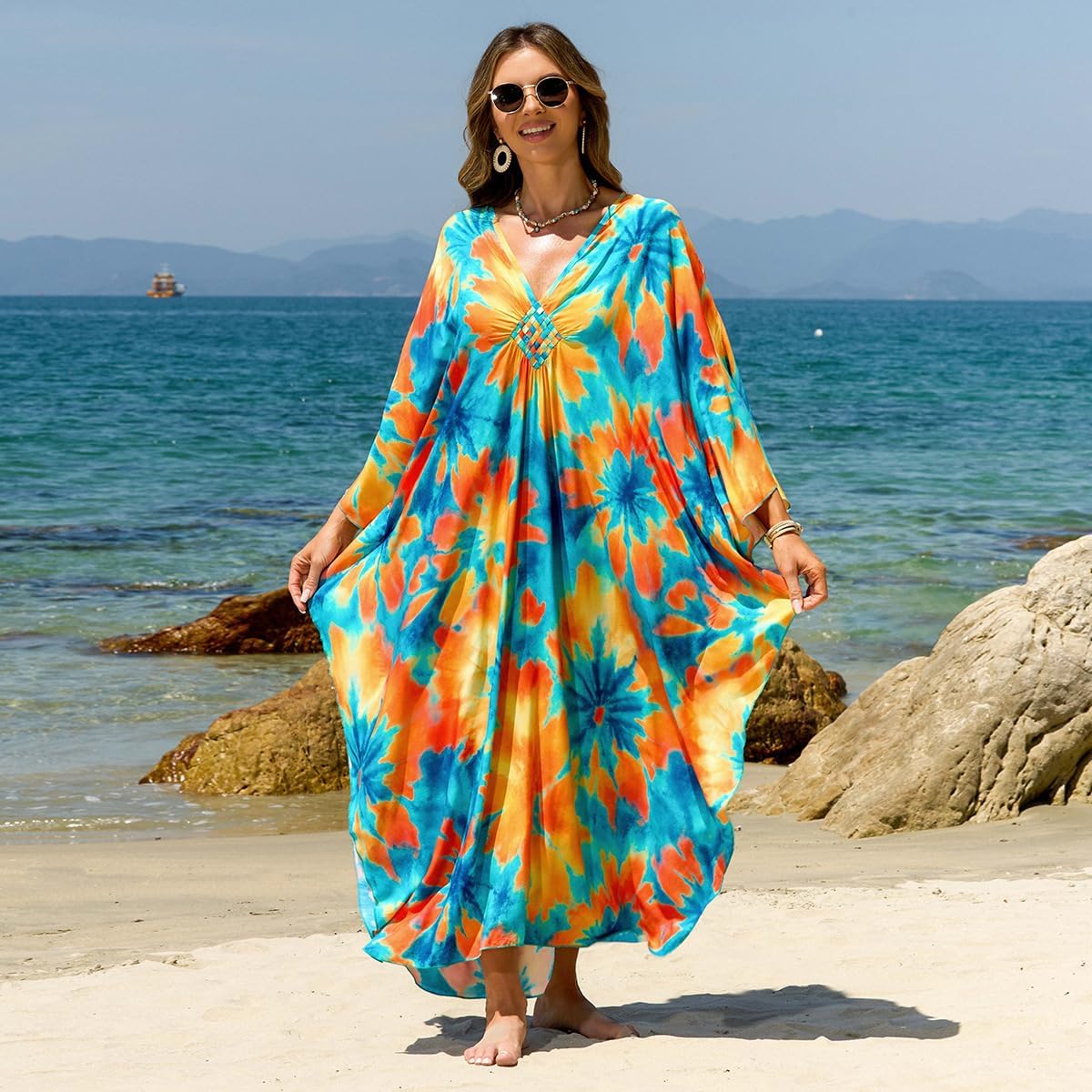 Kaftan Dresses for Women Plus Size V-Neck Moo Moos Batwing Kaftan Beach Dress Bathing Suit Cover-Up Loungewear - Image 3