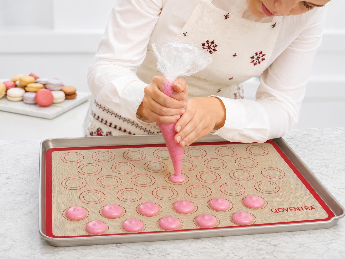 Silicone Macaron Baking Mats for Oven, Set of 2 Non-Stick Reusable Baking Mats, Food Grade Silicone Baking Sheets, 16.5 x 11.6 Inches, Red & Grey