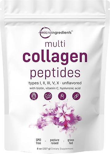 Micro Ingredients Péptidos multicolágeno en polvo, 8 onzas Tipo I, II, III, V, X + biotina, vitamina C y ácido hialurónico Sin sabor Apoya la