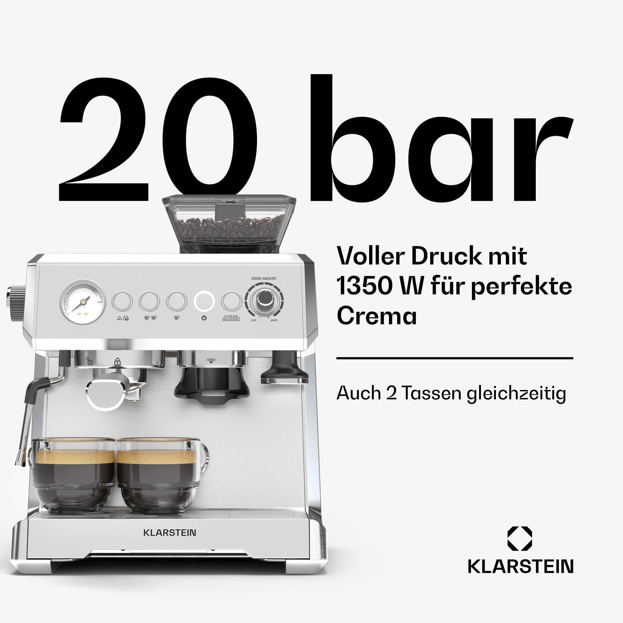 Klarstein GrandPresso Siebträgermaschine Mit Mahlwerk – 20 Bar, 1.350 W, Integriertes Präzisionsmahlwerk, Dampfdüse, 2,3-l-Wassertank, Tassenwärmer