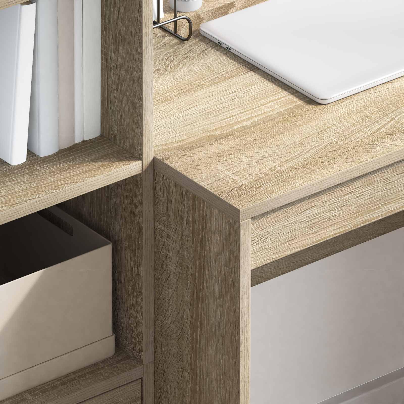 Schreibtisch mit Schubladen und Regal Sonoma-Eiche Holzwerkstoff, 125,5 x 50 x 127 cm, 2-teiliges Set, Stauraum mit Ablage und Brettregalen, ideal für Büro, Homeoffice, Arbeitszimmer