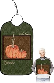 BOBOWUNY Thanksgiving Pumpkin Adult Bibs for Elder Women Men Eating, Farmhouse Teal Brown Pattern Waterproof & Washable Bibs for Eating Clothing Protector Dining Bibs for Crumb Catcher