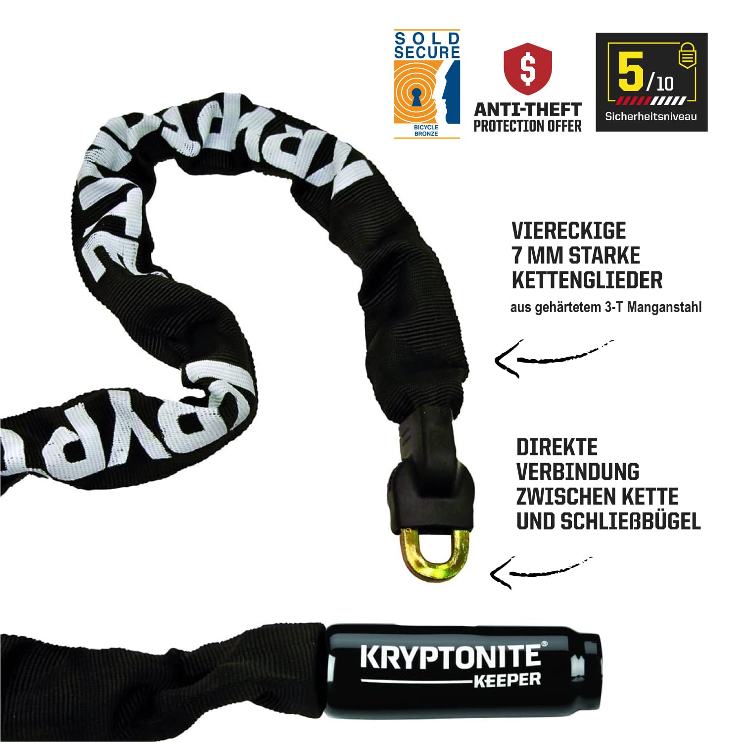 Kryptonite Keeper 785, Kettenschloss mit integriertem Schlosskopf, 7 mm gehärteter Manganstahl, Sicherheitslevel 5/10, für Fahrräder und Scooter; Gewicht 1,59 kg, Länge 85 cm