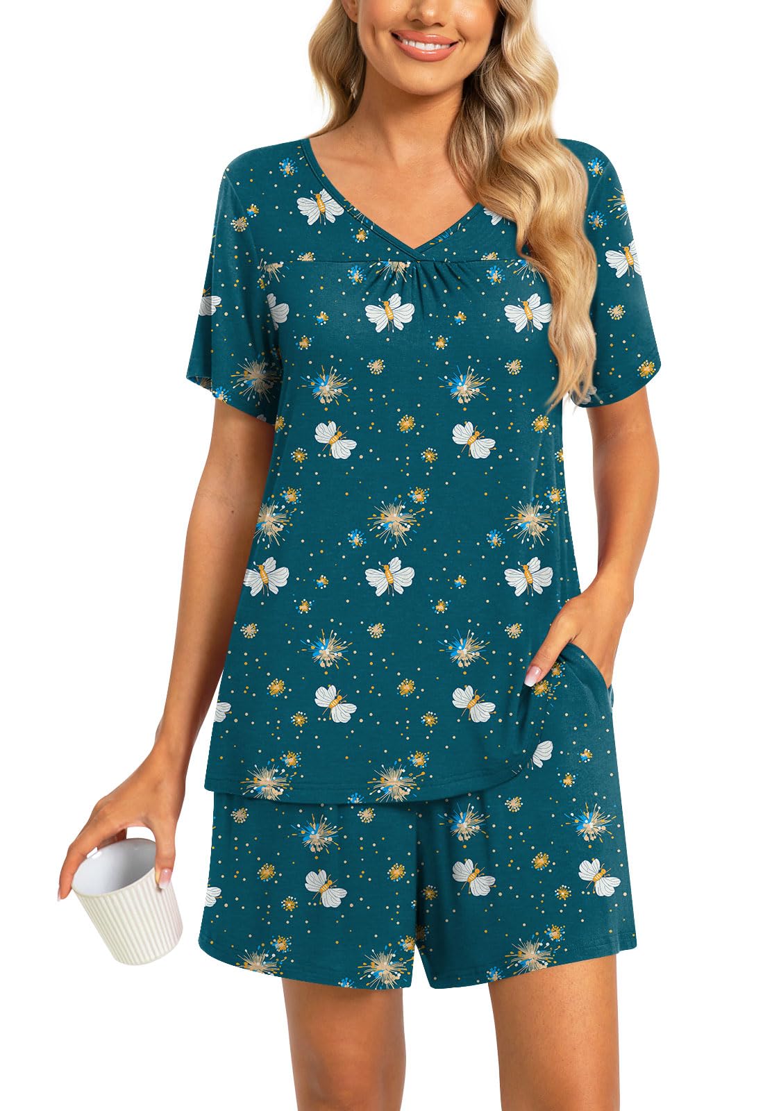Findsweet 2 Piece Women's Short Sleeve Pajama Sets, Lounge Sleepwear Ladies Pjs Sets with Pockets M-3XL
