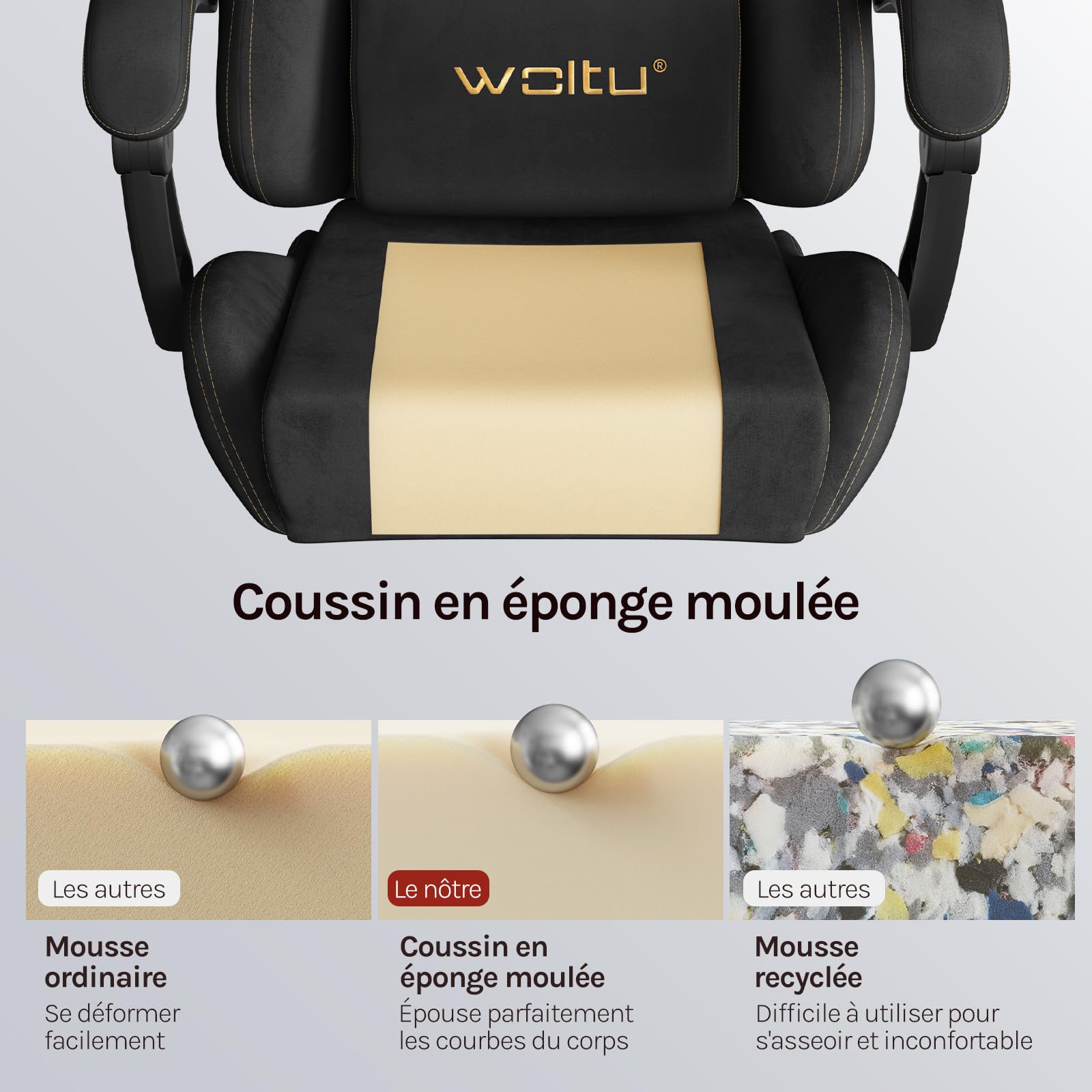 WOLTU Chaise Gaming, Fauteuil de Bureau, Ergonomique, avec Dossier Inclinable, Repose-Pieds Rétractable, Accoudoirs Reliés, Appui-tête et Soutien Lombaire, en Faux Daim,Noir