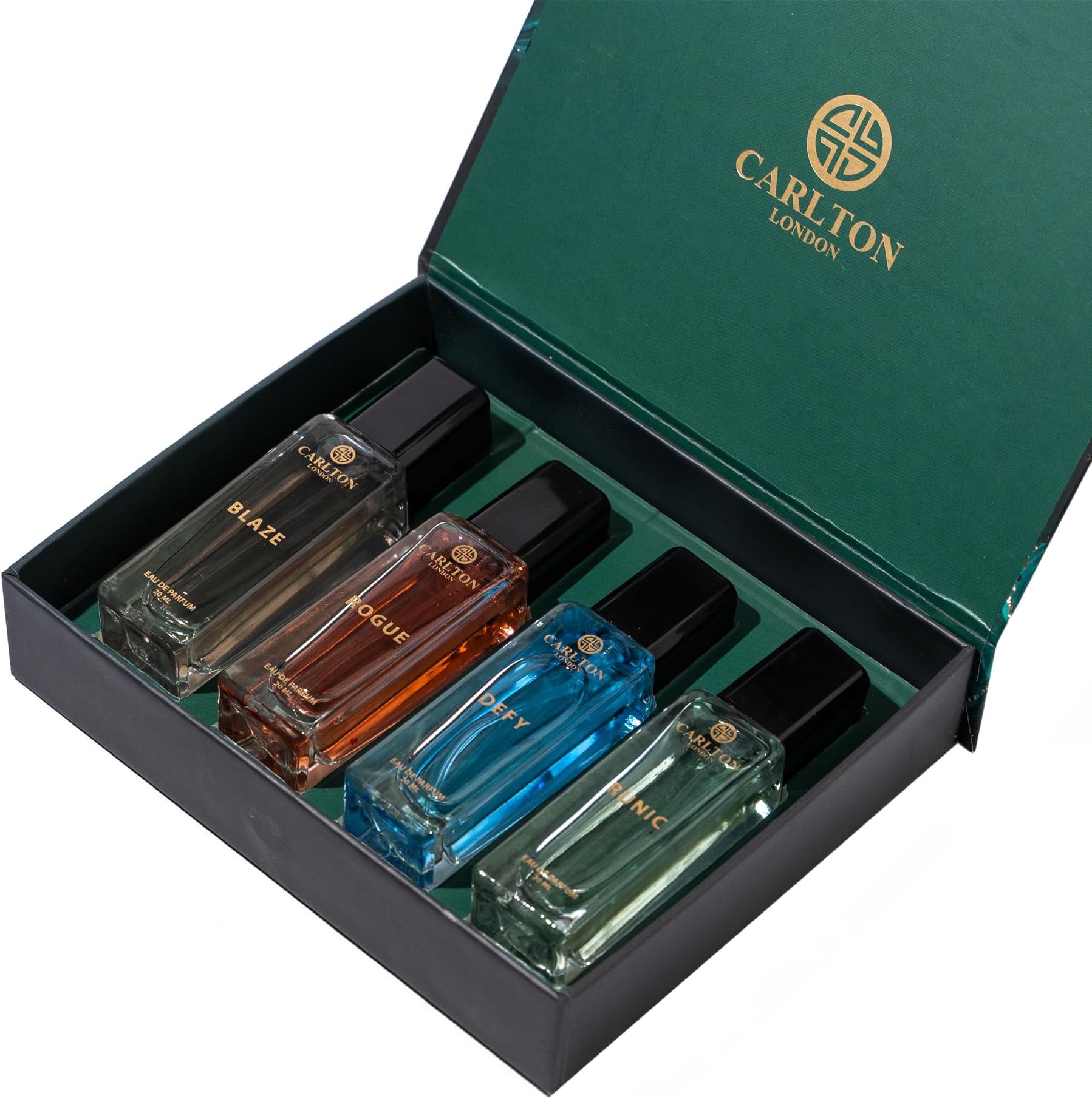 Carlton London Iconic Men Liquid Perfume Gift Set Premium Fragrances With Woody Citrusy Scent Defy Rogue Blaze & Runic Long Lasting Edp Perfume I 4X20 Ml