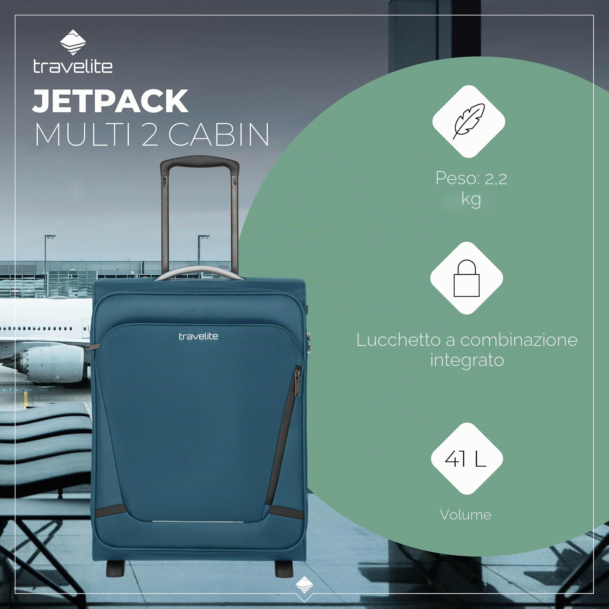travelite valigia a mano con 2 rotelle per Condor + Ryanair, serratura a combinazione integrata, trolley da cabina compatto con funzione di aggancio, 55x40x20 cm, 41 l, 2,2 kg
