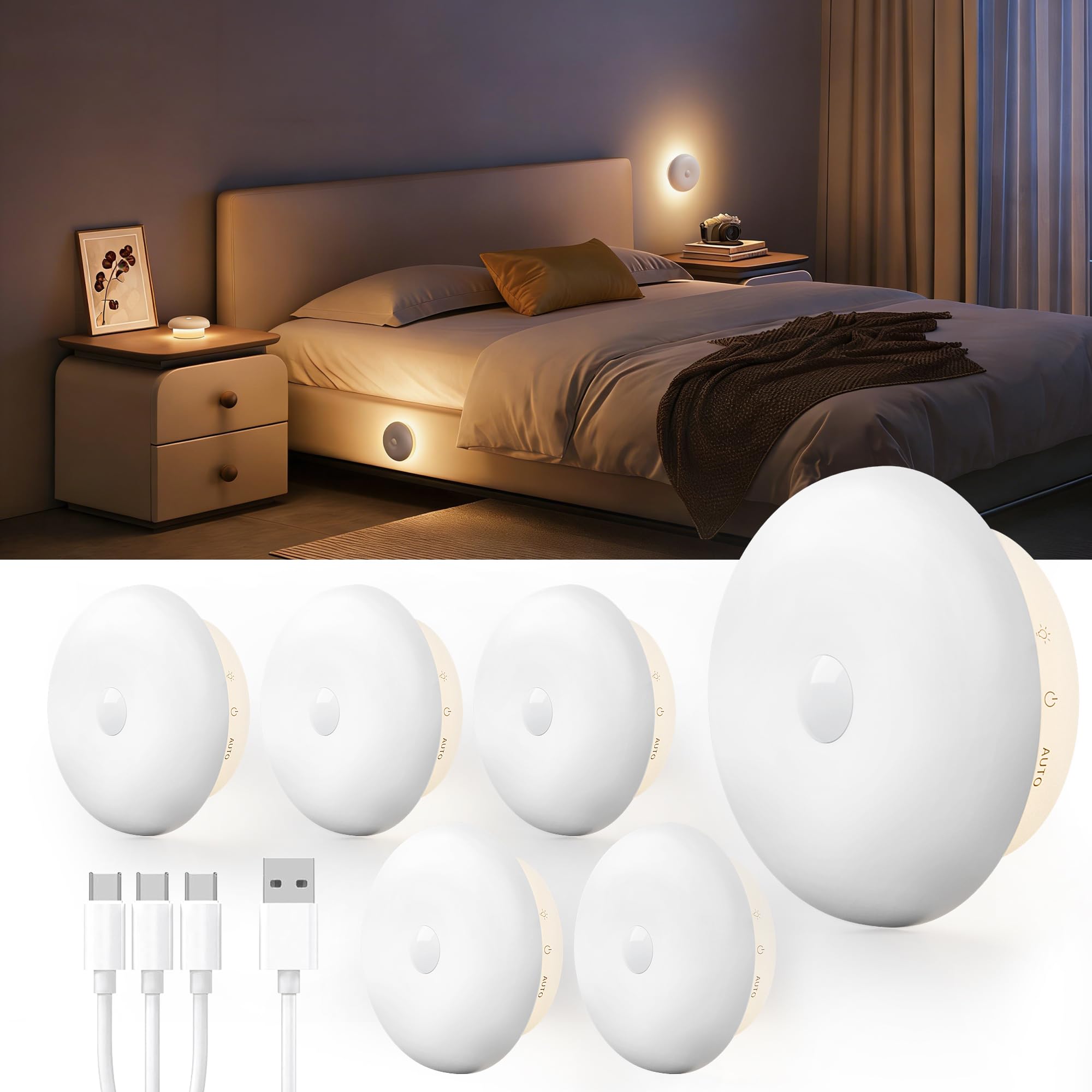 Homelist Nachtlicht mit Bewegungsmelder, 1500mAh Akku bewegungsmelder licht, Weiches Indirektes Treppenlicht mit 3 Lichtfarben & Dimmung für Schlafzimmer, Flur, Treppe, Bad, Kinder, Senioren (6 Stück)