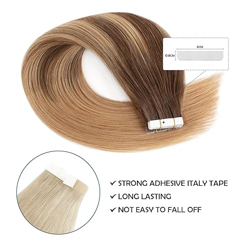 Miniatura 4 de Sassina Extensiones de Cabello Real con Cinta de Cabello Humano Balayage Marrón con Mechas Rubio Fresa Sin Costuras Trama de Piel con Cinta