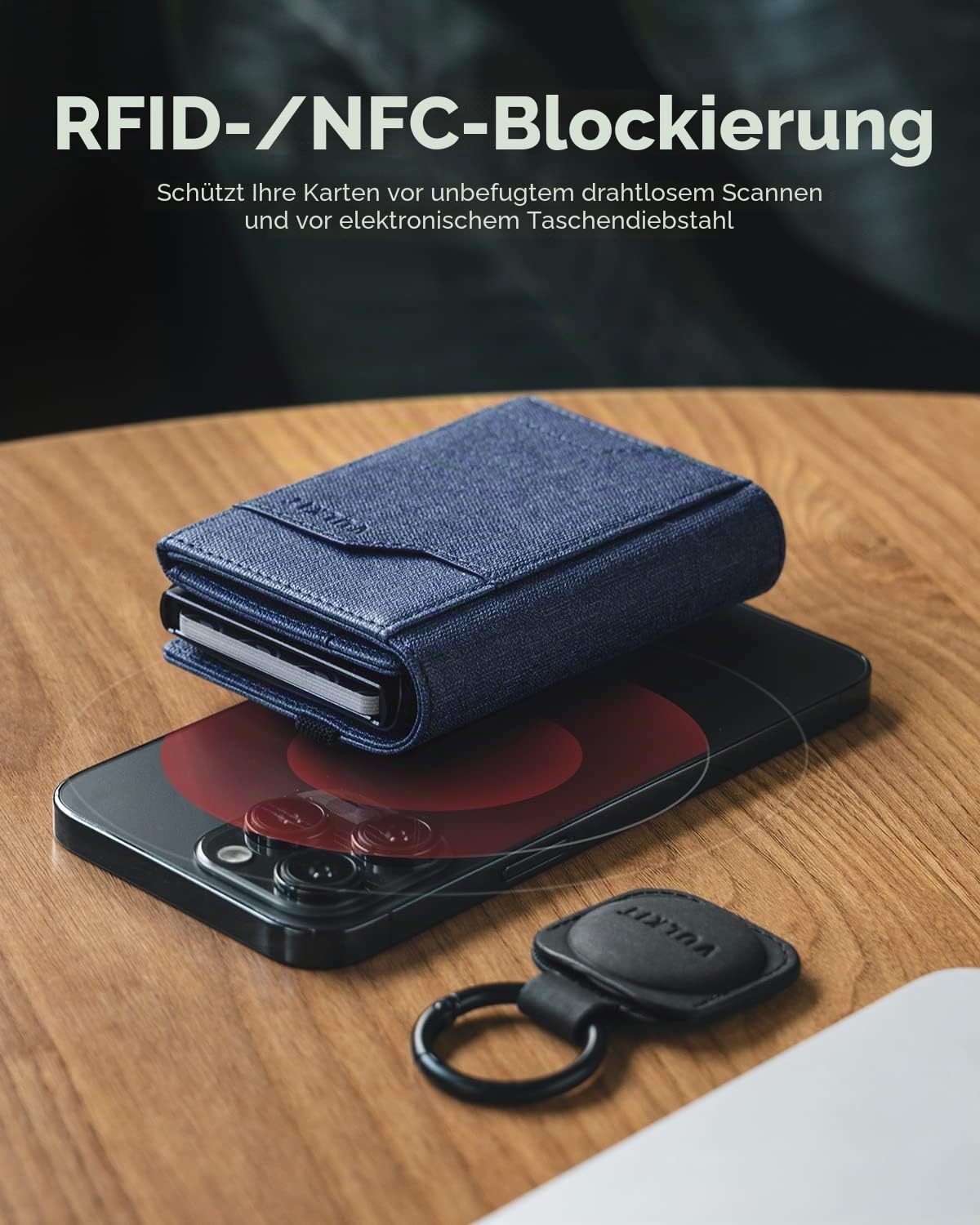 VULKIT Airtag Geldbörse Herren mit Ausweisfenster Kartenetui Herren mit Geldscheinfach Kreditkartenetui RFID Schutz mit Airtag Schlüsselanhänger, Navy Blau