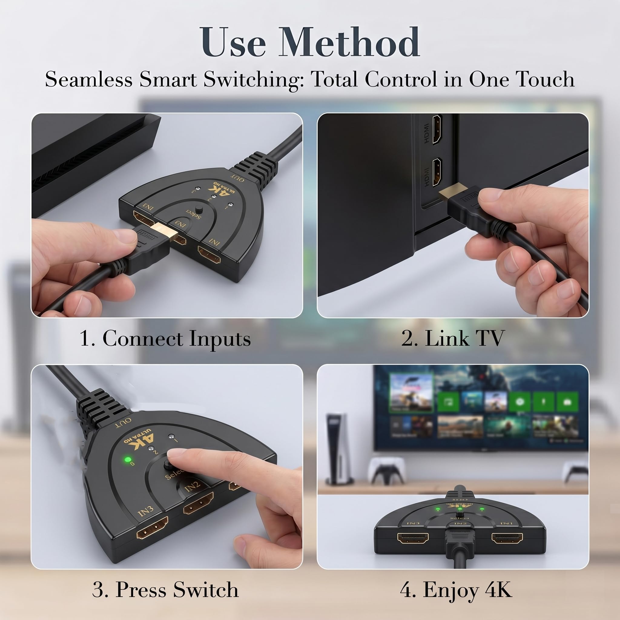 Ruvan Switch HDMI 4K, Multiprise HDMI 3 Entrées 1 Sortie avec, Commutateur HDMI Automatique Ultra HD 1080P 3D HDR, Multi HDMI pour TV, PS5, PS4, Blu-Ray, PC