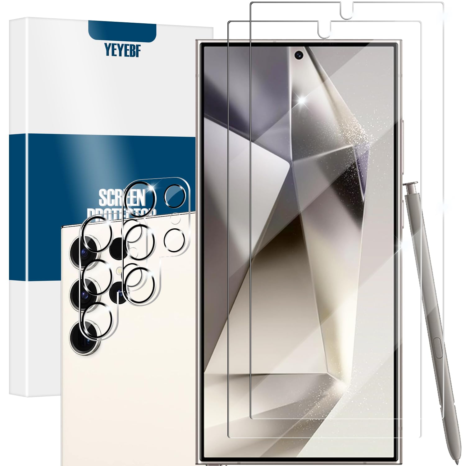 YEYEBF Galaxy S24 Ultra Screen Protector + Camera Lens Protector, [2 +2 Pack] [Ultrasonic Fingerprint Unlock] Full Coverage Tempered Glass Screen