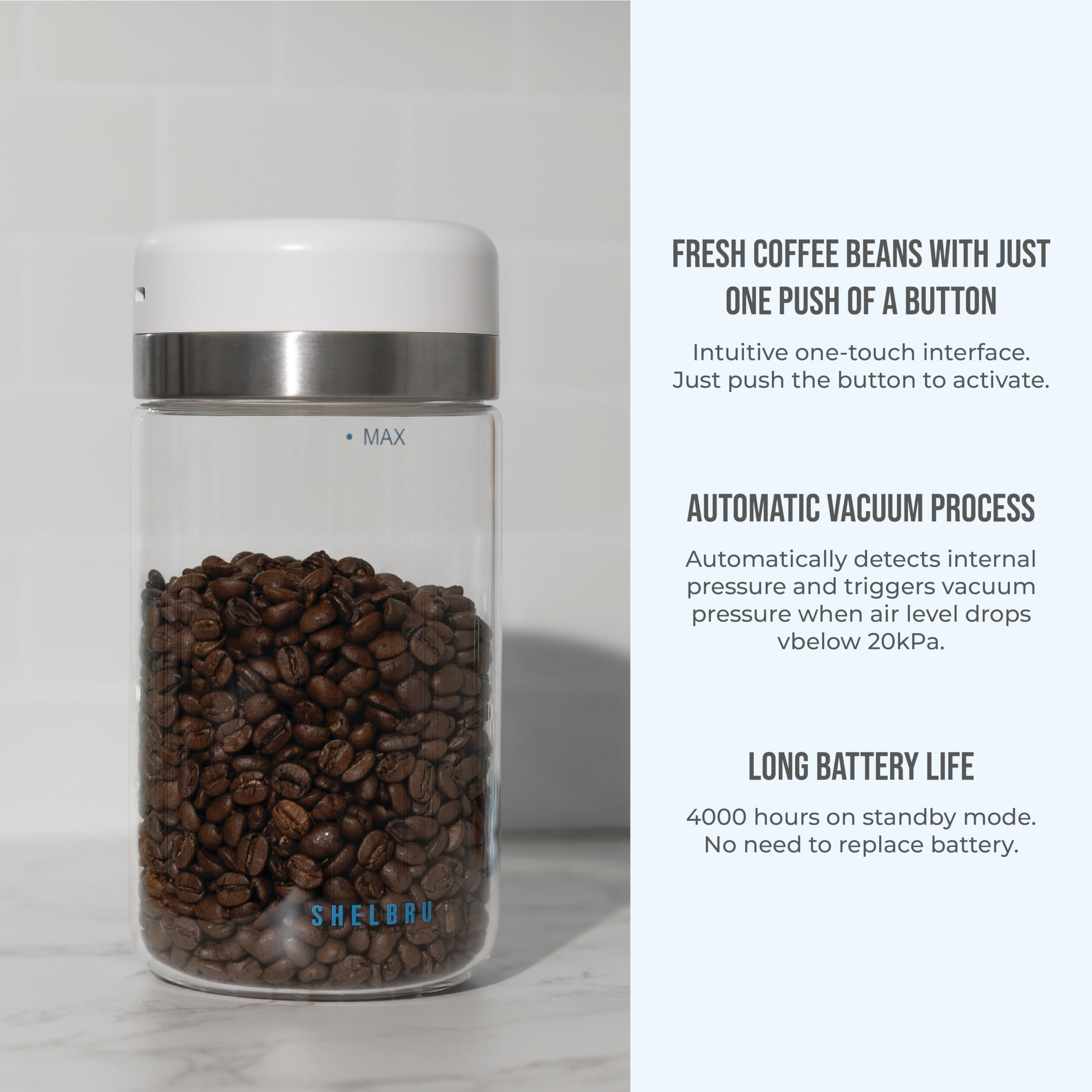 Smart Coffee Container & Food Storage w/Electric Vacuum Seal, Airtight Coffee Canister for Whole & Ground Bean Storage, Durable Borosilicate Glass Jar, Charging Cable Included, 250g