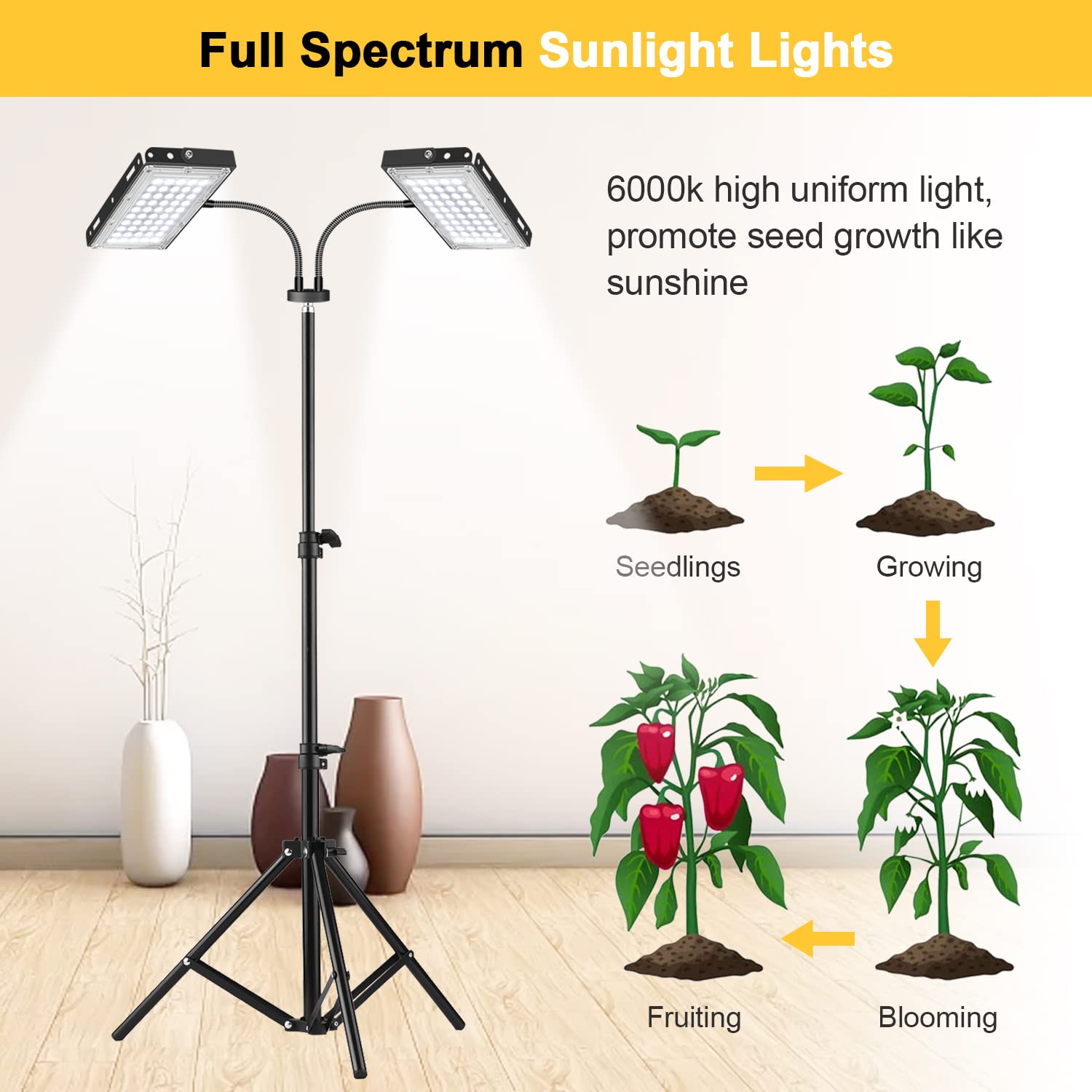 Gilouppe Grow Light for Indoor Plants, Full Spectrum Sunlight White Indoor Plant Lamp with Stand, LED Plant Grow Light Auto On/Off Timing 3/6/12 H with Adjustable Tripod Stand 12-50 inch