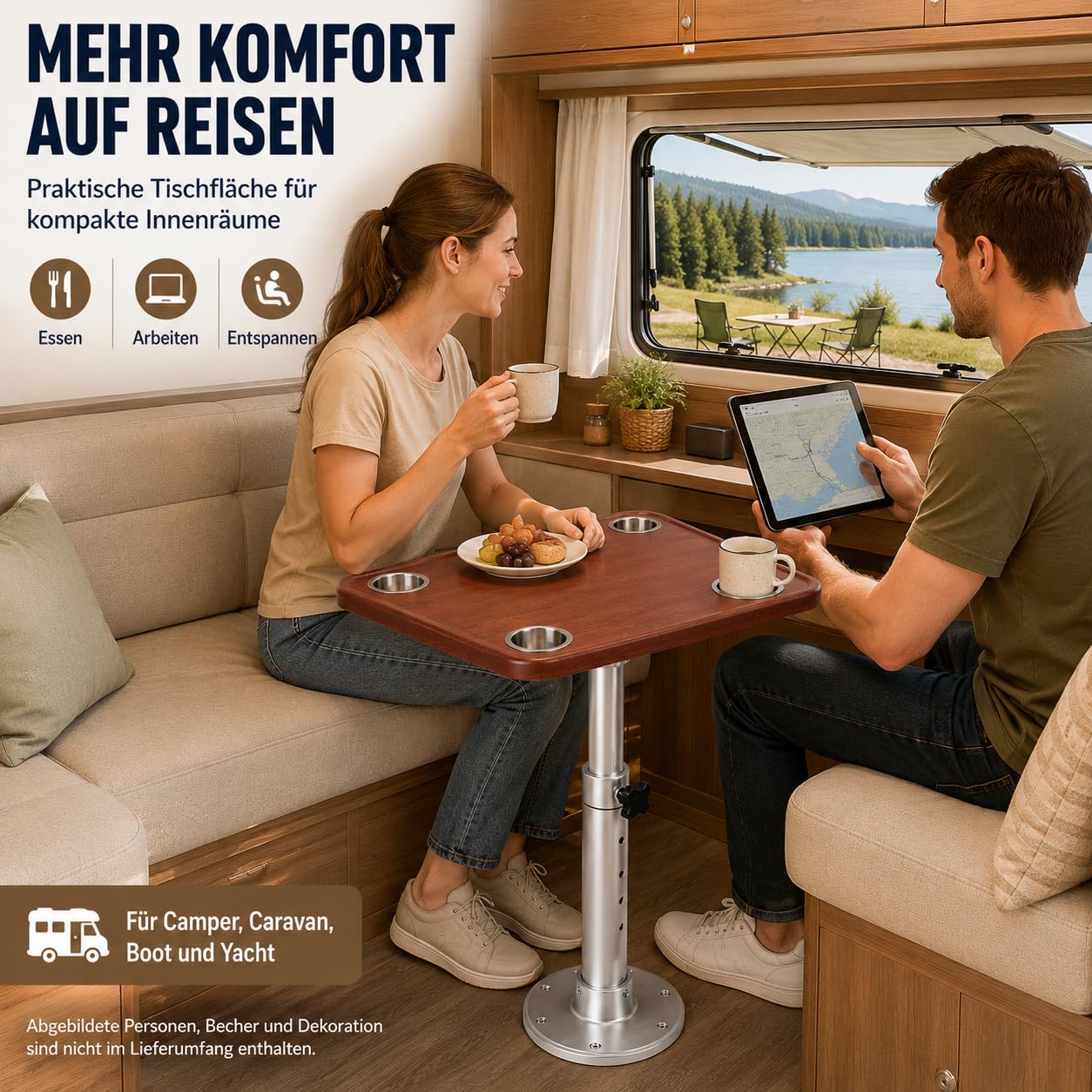 Wohnmobiltisch Teleskopisch Höhenverstellbar Abnehmbar, RV Tisch mit 4 Getränkehaltern, Eiche Tischplatte, Tisch für Caravan Wohnwagen Boot Yacht, 600x380mm Tischgestell