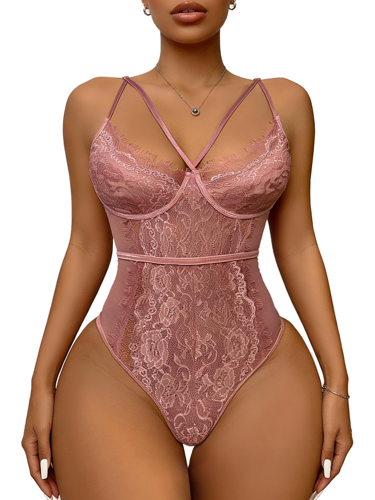 Buitifo Womens Sexy Bodysuit Lingerie One Piece Babydoll V Neck Teddy Snap Crotch (Pink,L)
