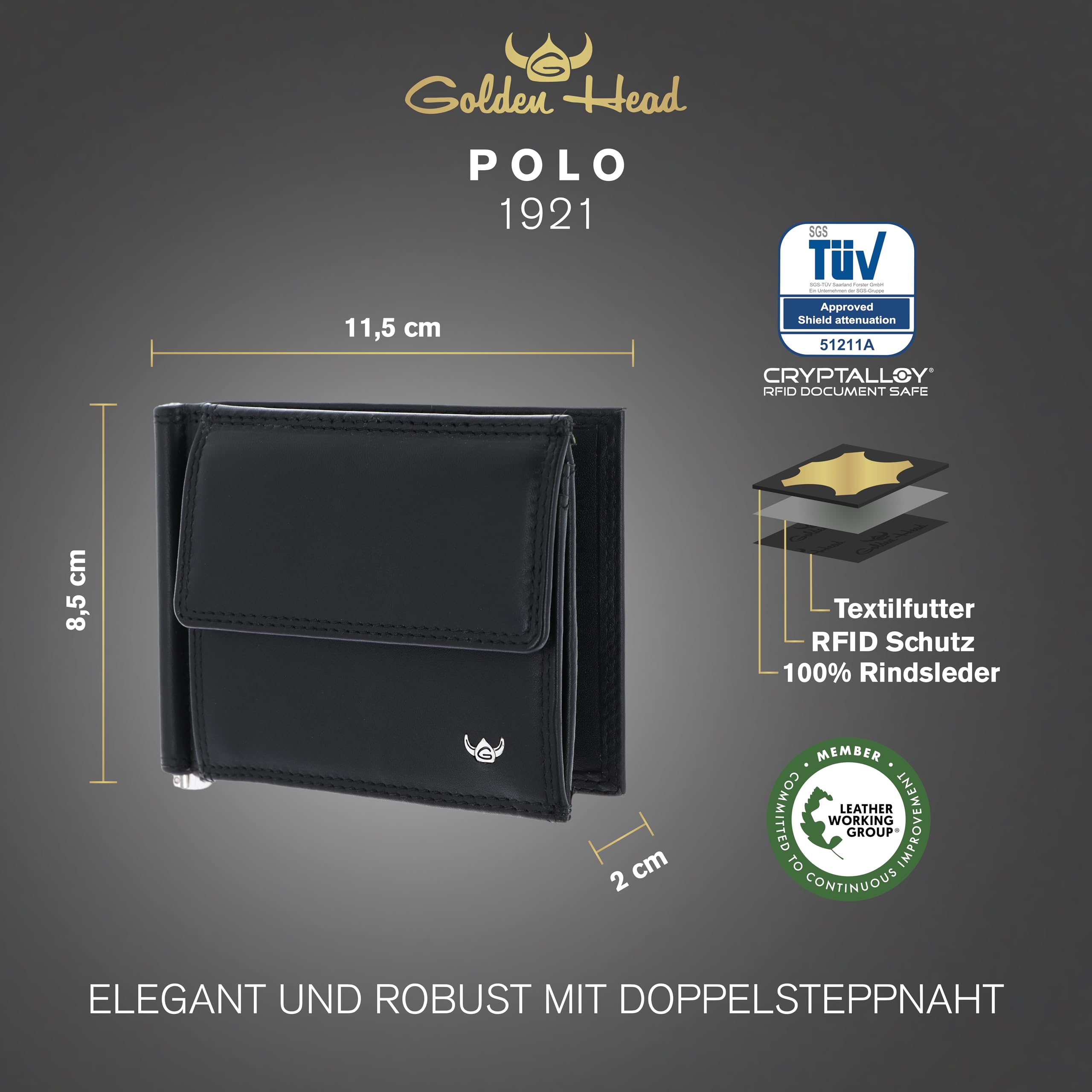 Golden Head Leder Geldbörse Geldklammer Polo RFID Protect Clip-Scheintasche 1921 Schwarz