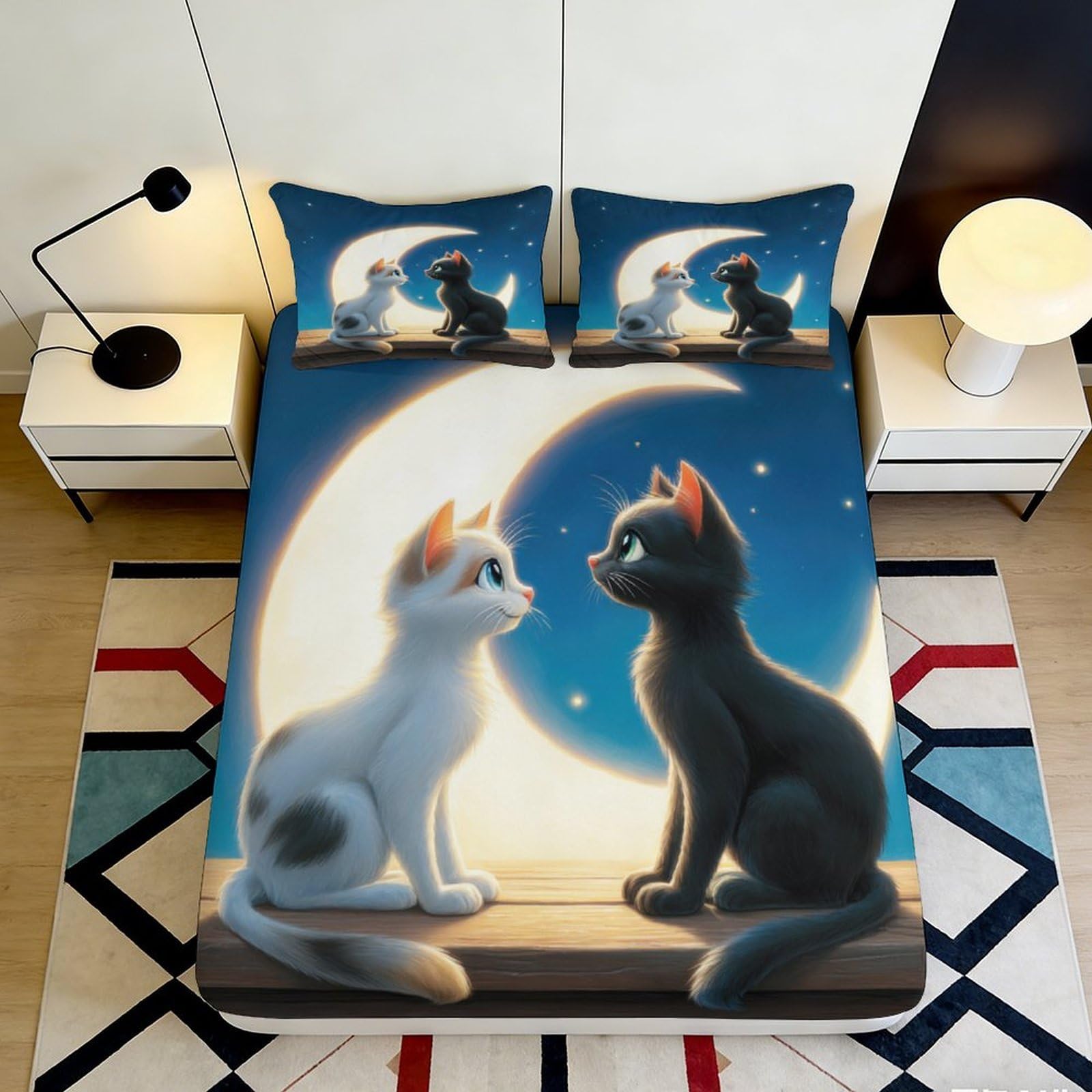 Jqzkxnhpbr Style-8 3D Printed Moonlight Cat Fitted Sheet Microfiber Soft Non-Slip Black White Kitten Mattress Cover For Bedroom Dorm Decor 90X200x25cm