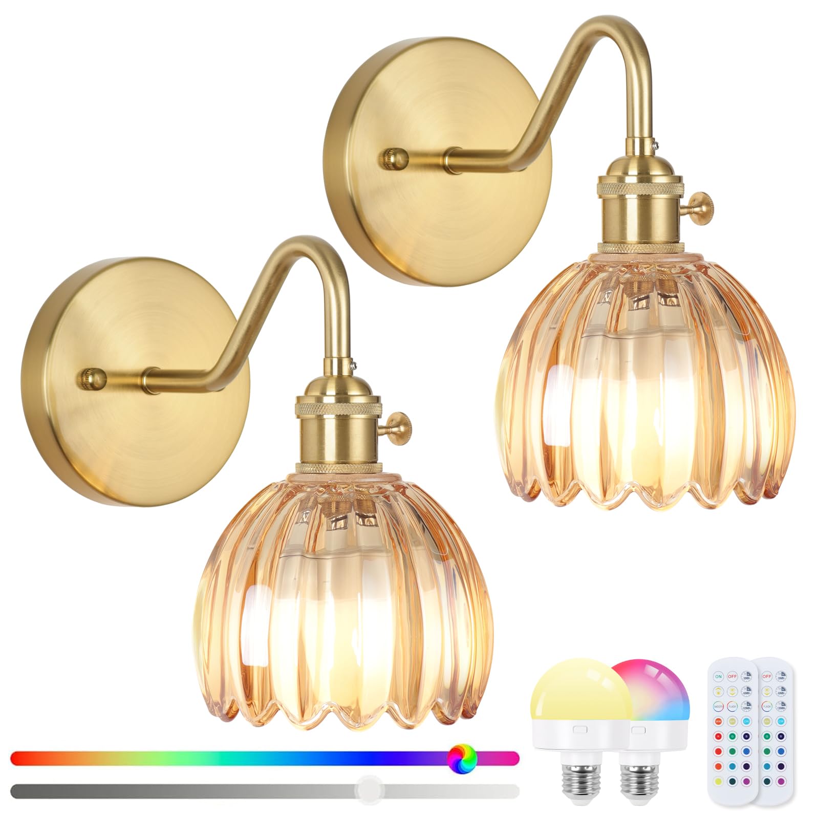 EIDEARAY Battery Operated Wall Lights,Rechargeable Wall Lights with RGB Dimmable Remote Control,Rechargeable Gold Wall Light,Amber Tulip Glass Lampshade for Living Room Bedroom Hallway 2-Pack โ image 1