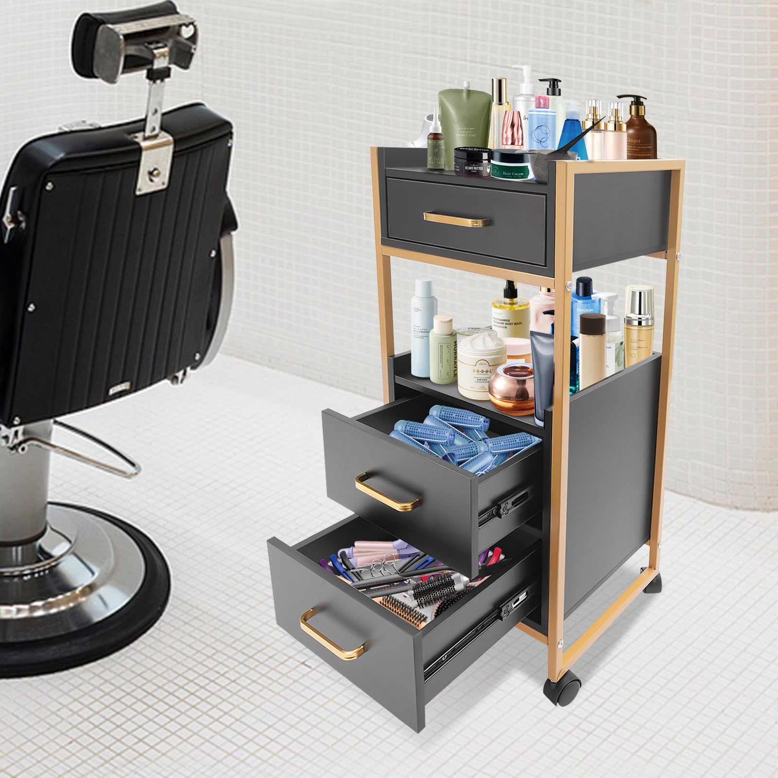 BOPRCSH Beauty Salon Storage Trolley Cart, Rolling Hairdressing Salon Cart Rolling Barber Station Salon Cart with Drawer and Dryer Holder, Hair Salon Station Cabinet Cart, 176.37lbs, for Barber Shop