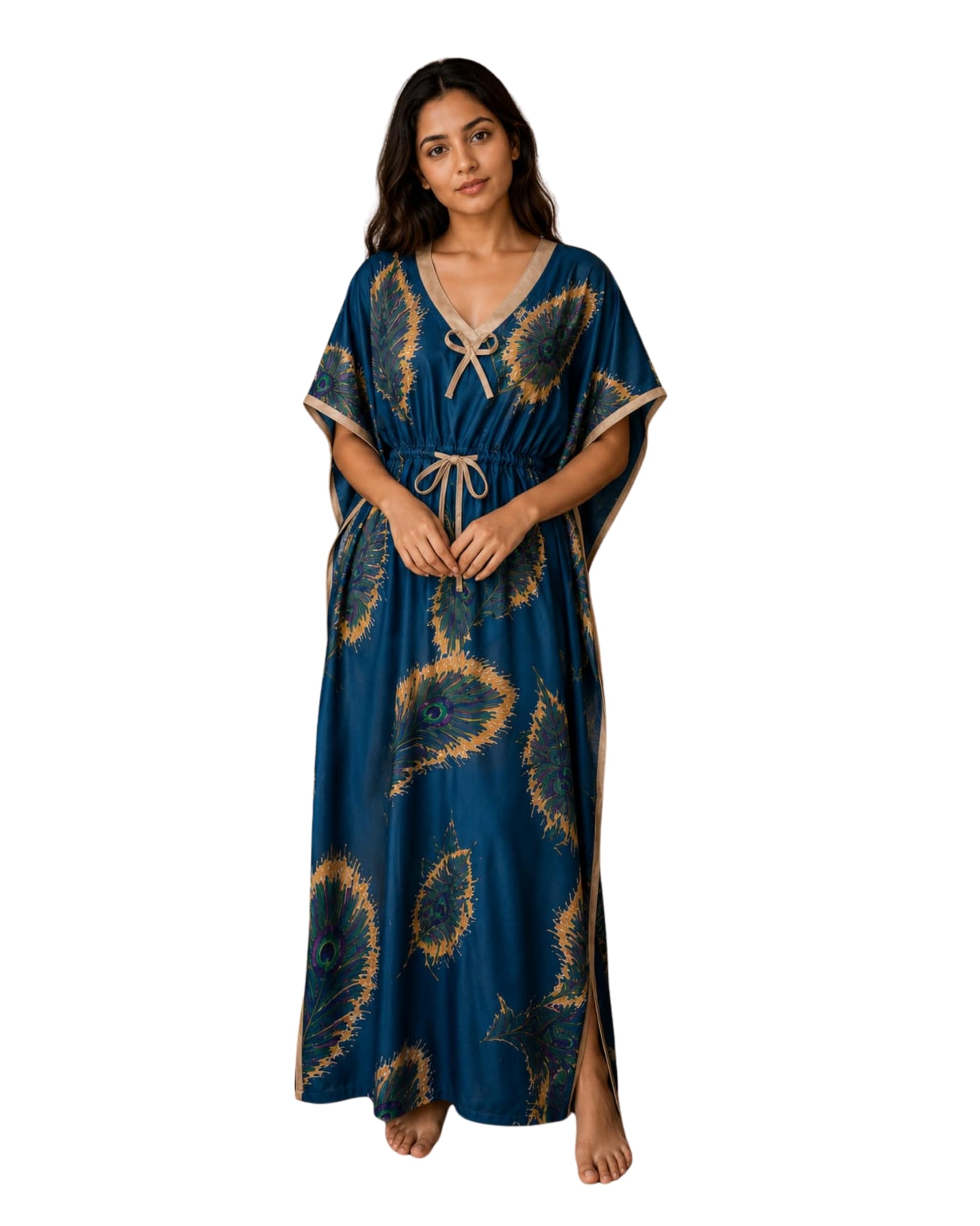 Women's Satin Printed Kaftan Nighty for Women | Feather Print Maxi Night Gown | V-Neck Lounge Wear Dress with Adjustable Drawstring Waist | Soft Comfortable Sleepwear-image-31