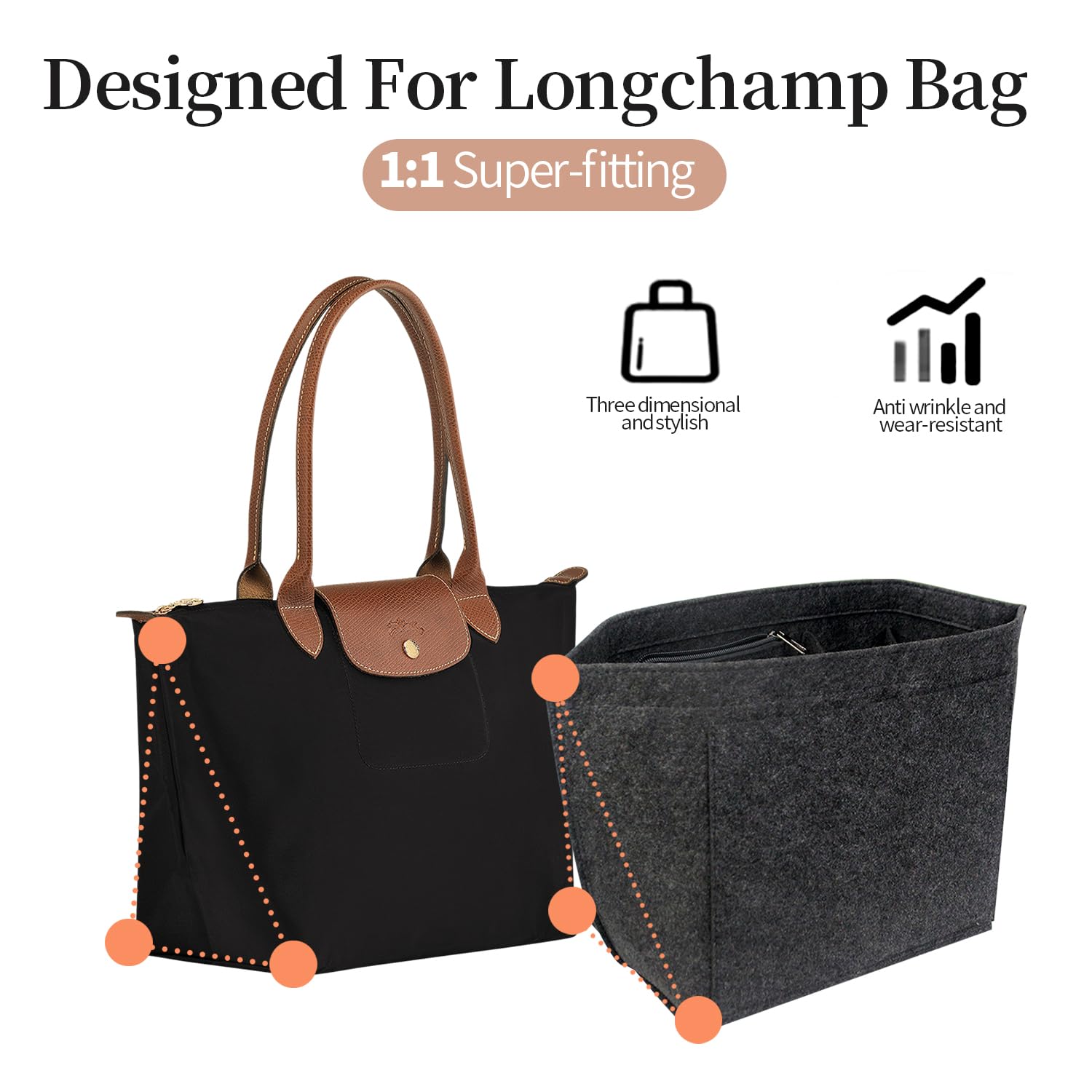 Longchamp Organizer kieszonkowy, filcowy, duża pojemność (ciemnoszary, M)