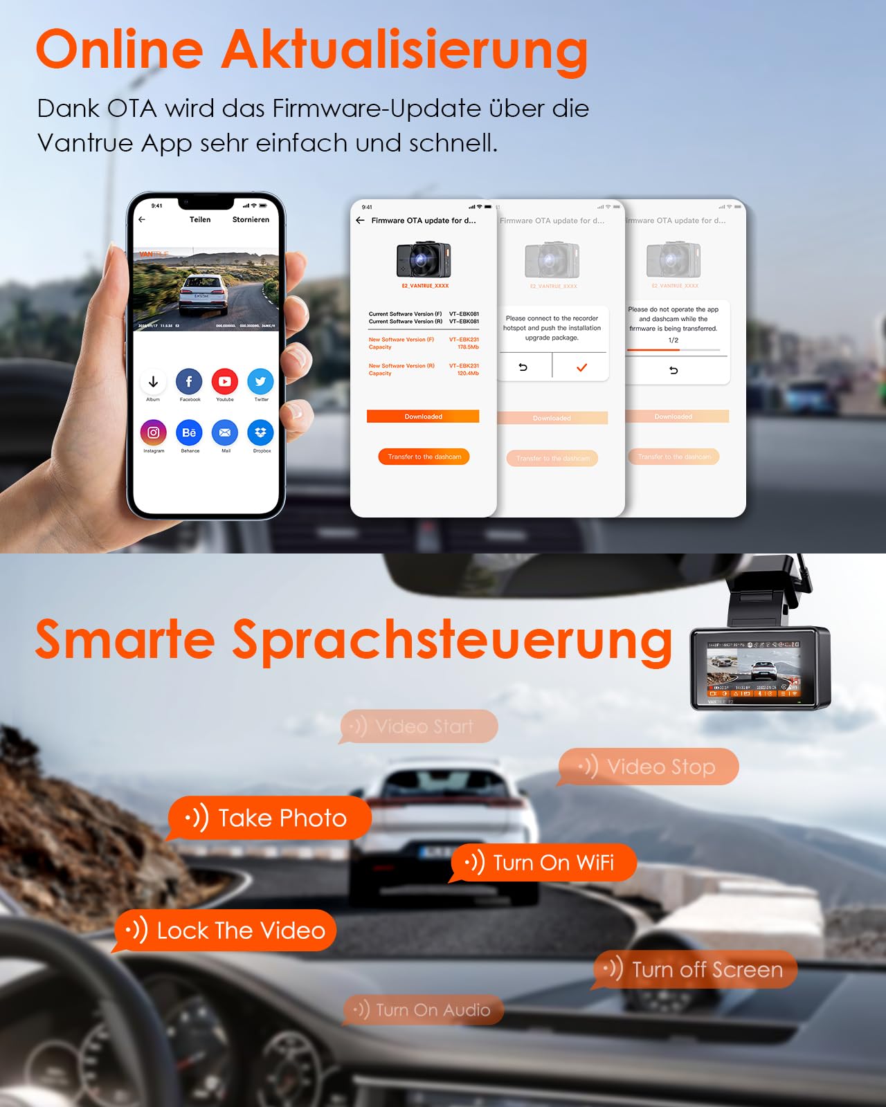 VANTRUE E2 2.7K+2.7K Dash Cam, 5GHz WiFi GPS Doppia 1944P Telecamera Per Auto, Dashcam Controllo senza Fili e Vocale, 24h. Modalità di Parcheggio Tampone, Visione Notturna WDR 2,45" 160 Gradi Max 512G