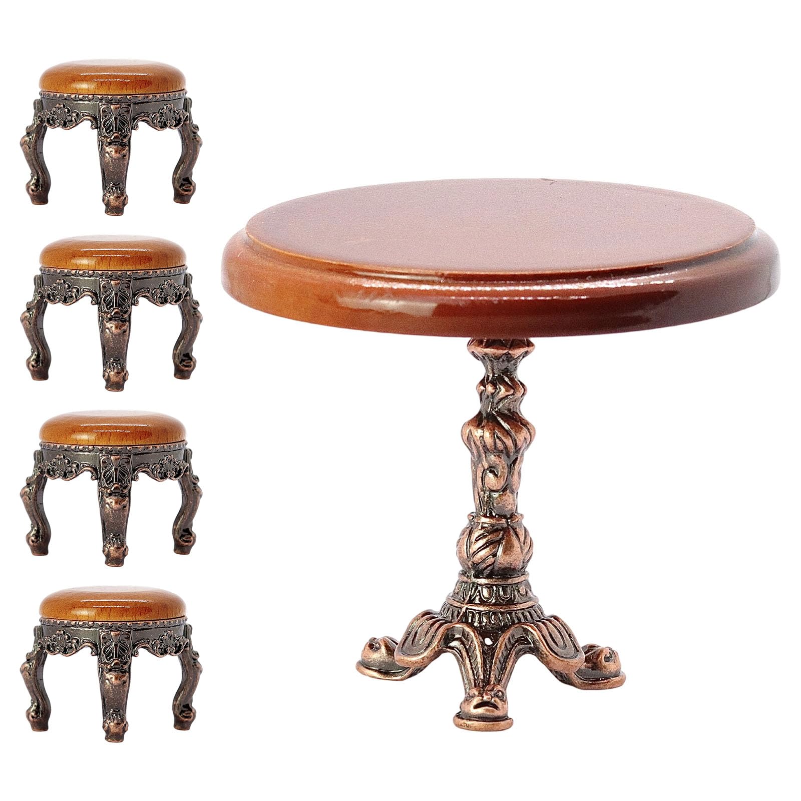 1:12 Scala Vintage Tavolino Rotondo Set Con 4 Sedie Per Miniatura Case Delle Bambole Set Da Pranzo Display Da Collezione