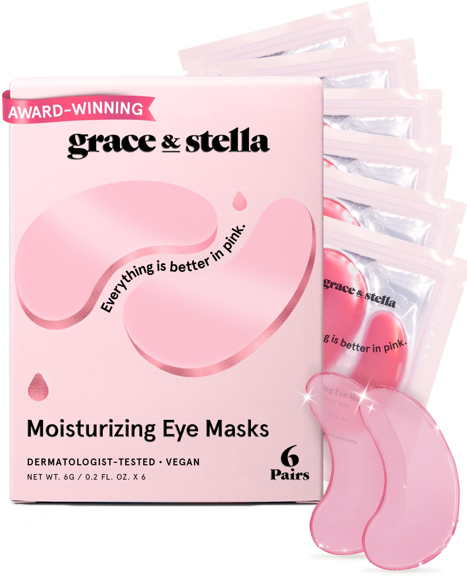 grace & stella Award Winning Under Eye Mask (Pink, 6 Pairs) Reduce Dark Circles, Puffy Eyes, Undereye Bags, Wrinkles - Gel Under Eye Patches - Gifts for Mom - Vegan Cruelty-Free Self Care