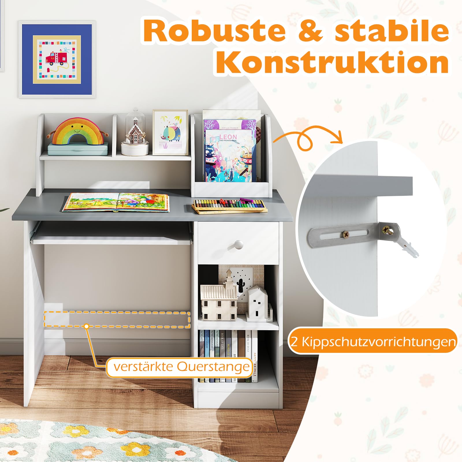 GOPLUS Kinderschreibtisch, Kinder Schreibtisch mit Bücherregal, Schublade & 4 offenen Ablagen, Kindertisch mit Tastaturablage, Jugendschreibtisch mit Kippschutz, Schreibtisch für ab 3 Jahren (Grau)