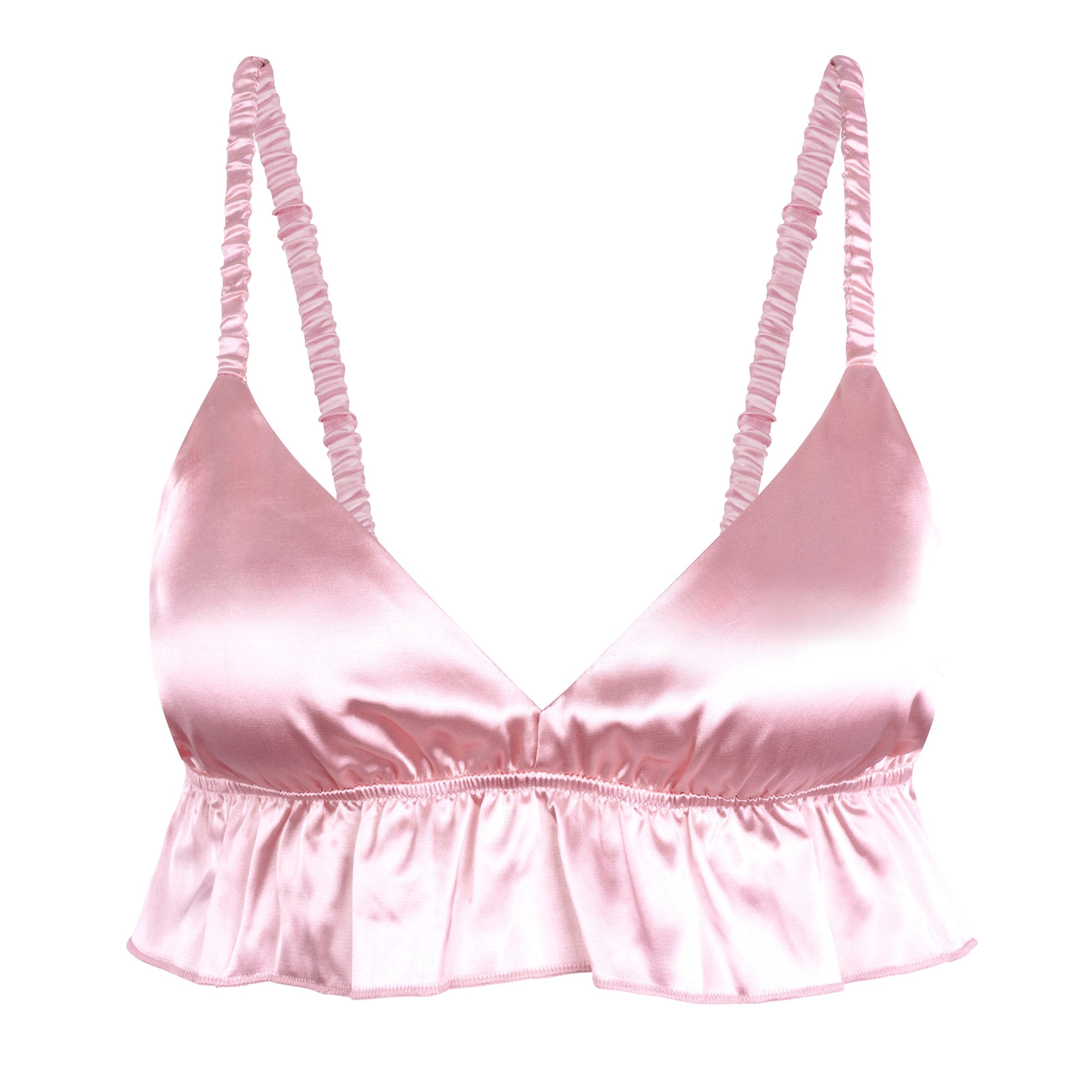 Satini Women's Baby Pink Sissy Frilly Ruffled Fitted Silky Satin Lingerie Bralette (, Xxl)