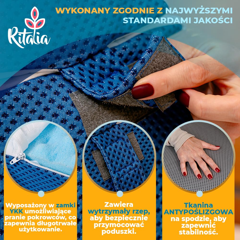 Ritalia® poduszka do czytania 3 wysokości extra szeroka 60x60x30 cm, idealna jako poduszka przeciwrefluksowa dla dorosłych, klin do łóżka, oparcie. Duża WSZECHSTRONNOŚĆ, zawiera poduszkę lędźwiową