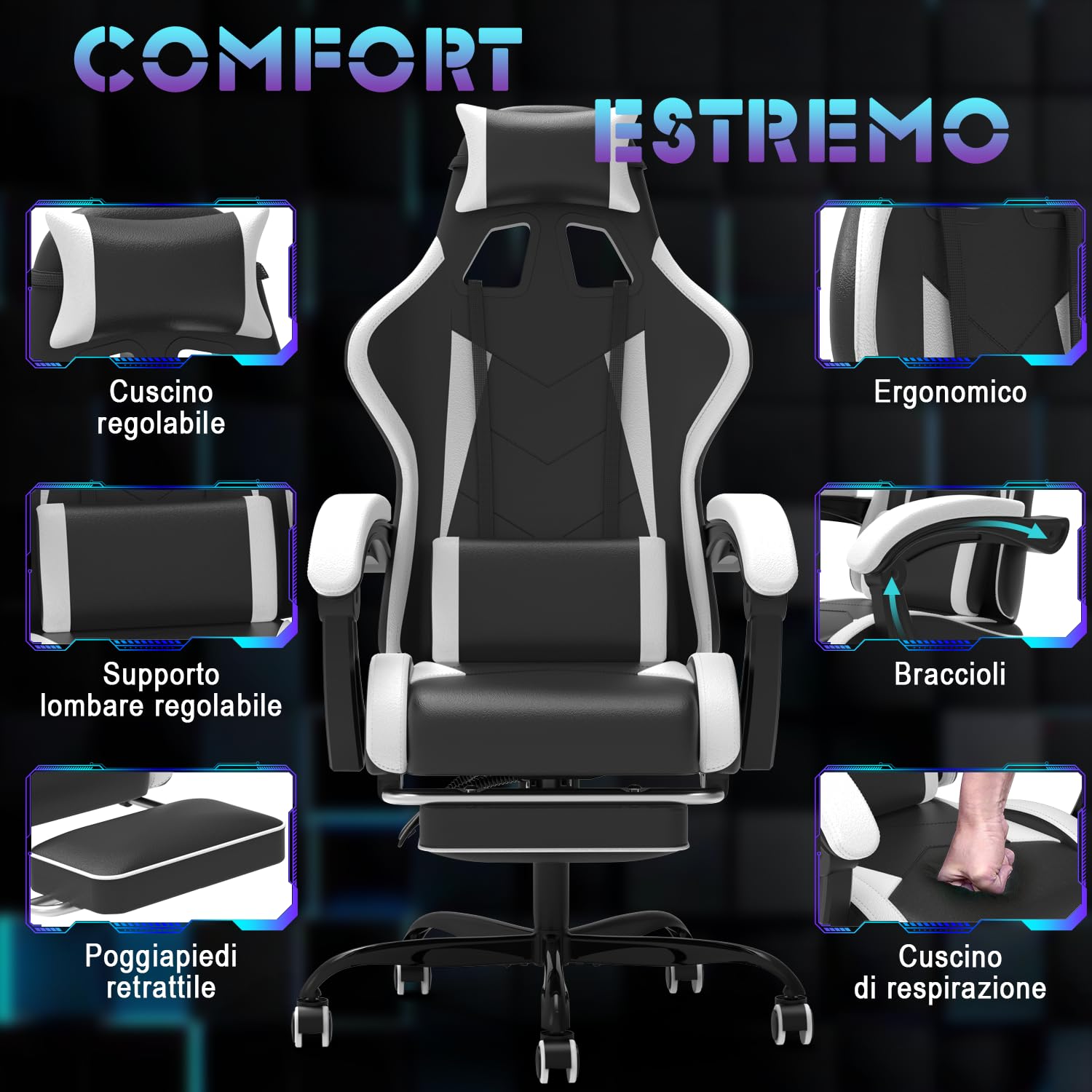 Devoko Sedia da Gaming Massaggiante con Poggiapiedi Telescopico, Sedia Gamer con Cuscino Lombare & Poggiatesta, Ergonomico Sedia da Ufficio Schienale Regolabile 90-135°, Portata 150 kg (Bianca)