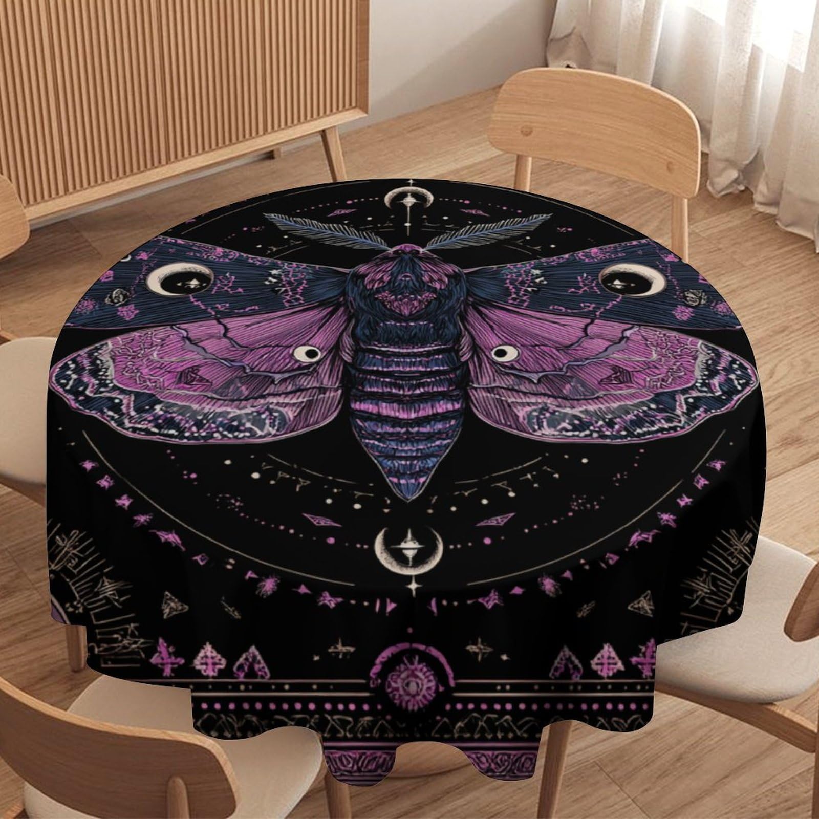 LUYYSKY Rustic Abstract Boho Butterfly Waterproof Round Tablecloth Retro Oil Painting Moon Phase Animal Butterfly Pattern Washable Table Cover for Kitchen-127 Wx127 L cm