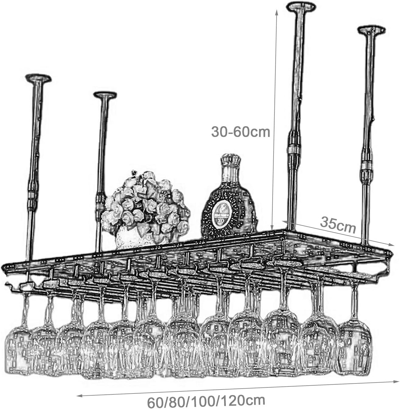 Hanging Wine Glass Holder Wine Rack - Industrial Retro Metal Wine Glass Hanging Rack Ceiling Decoration Floating Shelf with Adjustable Rods,Stemware Holder,for Bars Restaurants Kit