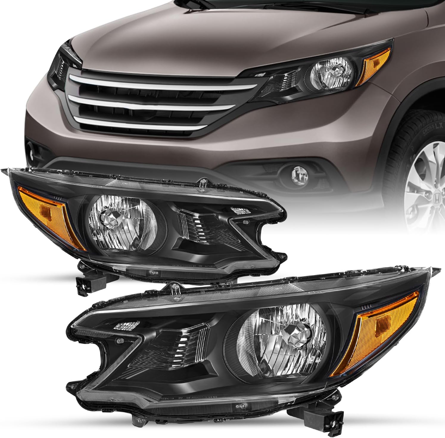 SOCKIR-For 2012 2013 2014 Honda CR-V [Halogen Type] OEM Headlight Headlamp Assembly Replacement Pair Set (Black Housing & Amber Reflector
