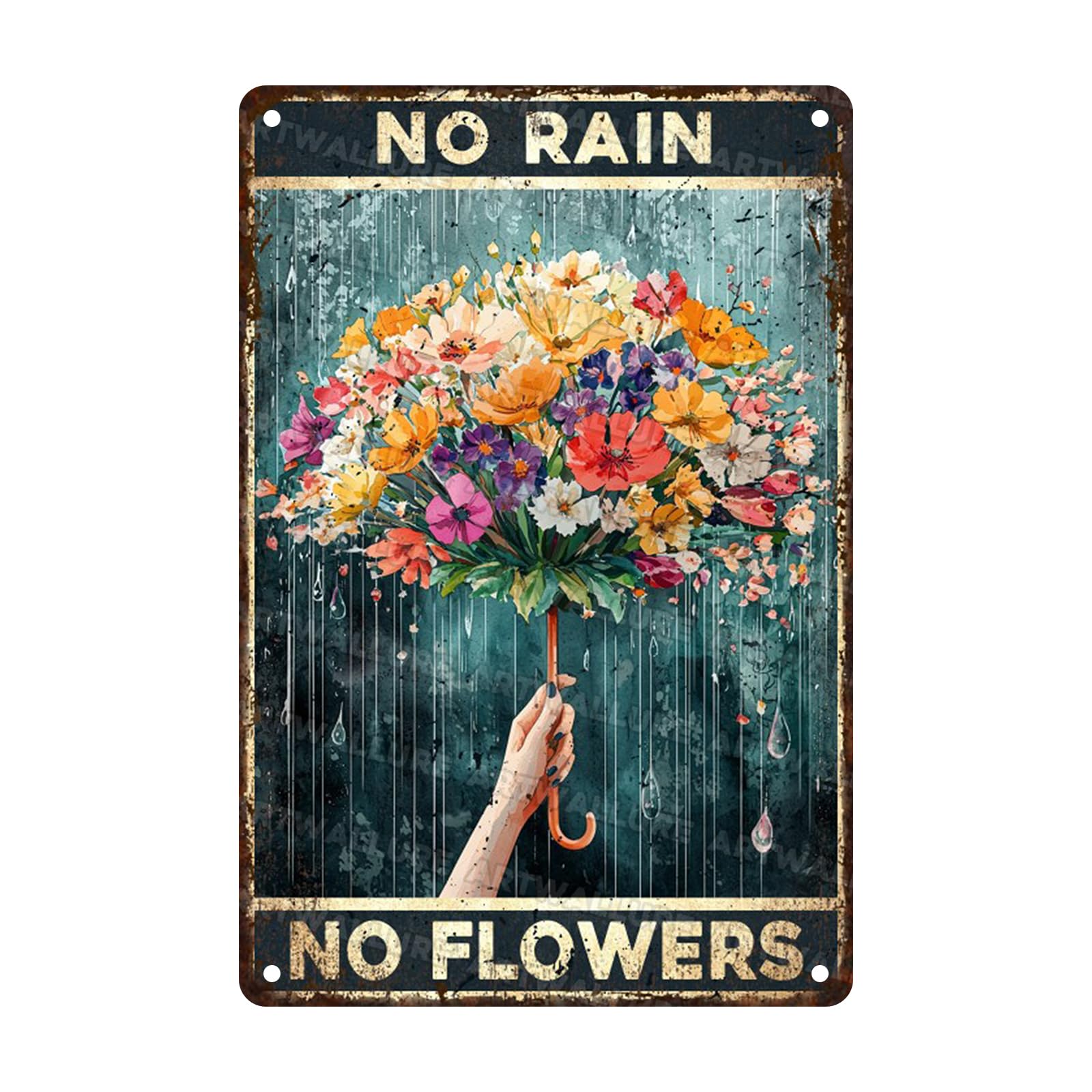 Vintage Metal Poster Umbrella No Rain No Flowers Rustic Wall Decor Tin Plaque Wall Art Rustic Farmhouse Tin Sign for Kitchen and Patio Decor 8x12inch