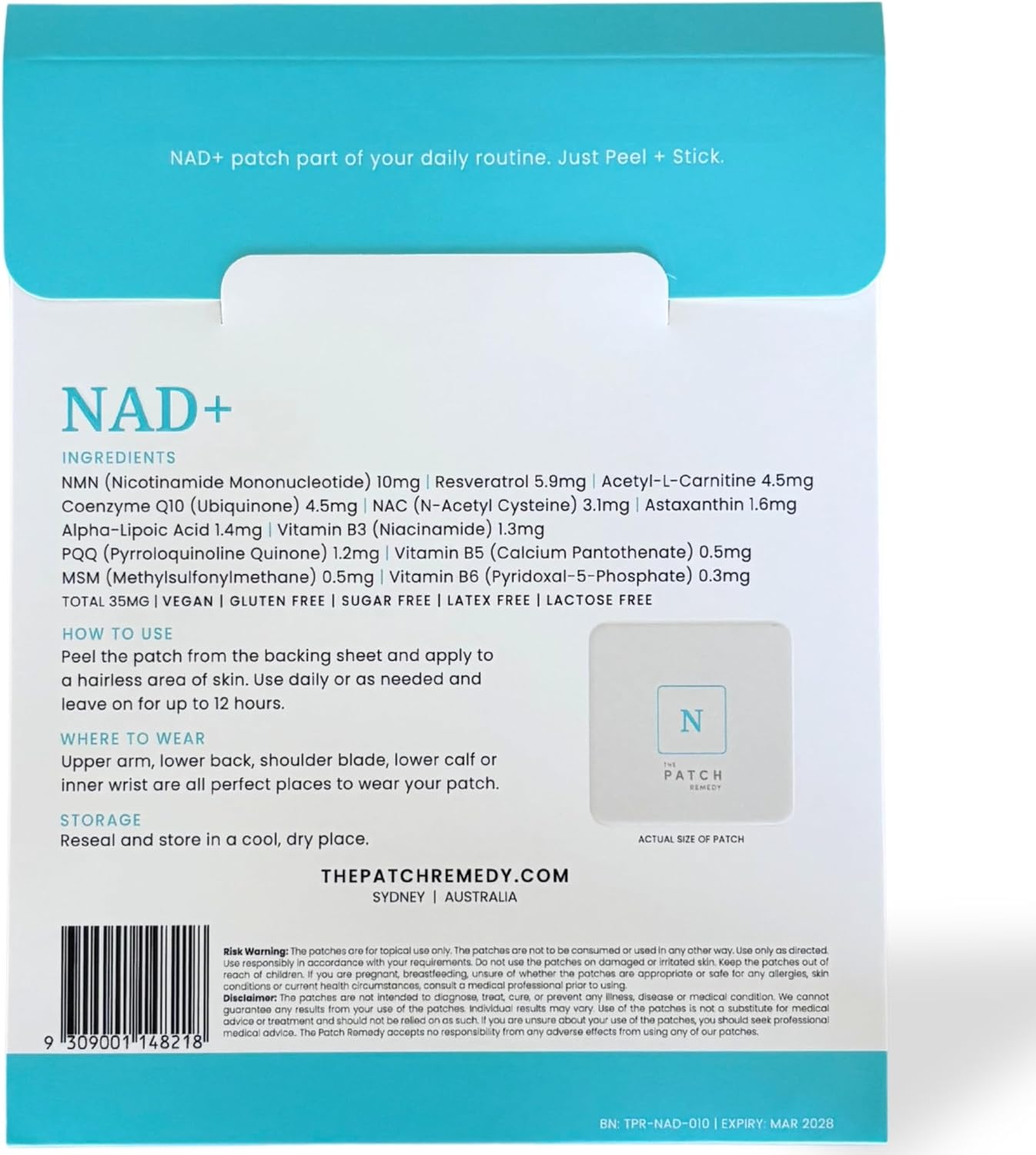 The Patch Remedy NAD+ Patch - NMN, Resveratrol, CoQ10, NAC, Astaxanthin, PQQ | 30 Patches - Image 2