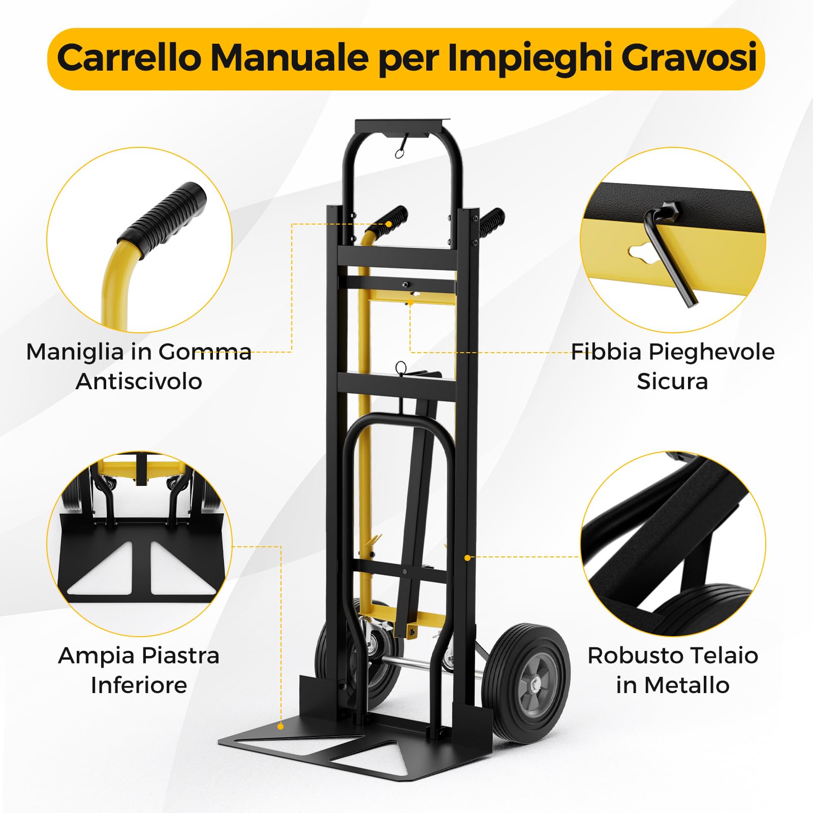 GYMAX Carrello a Mano Convertibile 3-in-1, Carrello Portatile Pesante in Metallo con Ruote in Gomma, Capacità 450kg, Carrello Industriale Pieghevole per Trasporto e Spostamento in Garage, Fabbrica