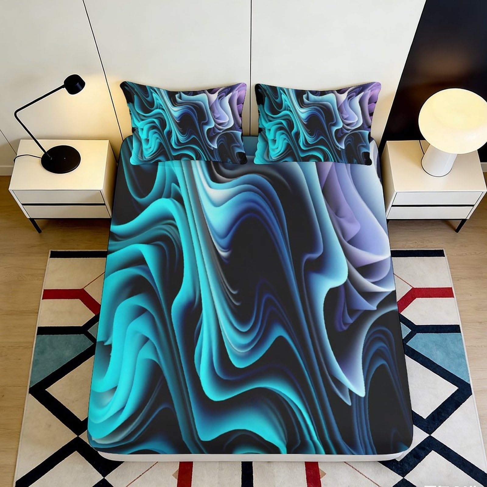 3D Printed Aqua Marble Fitted Sheet Microfiber Soft Bedroom Decor Abstract Wave Mattress Cover Anti-Slip Easy Care 90x200x25cm